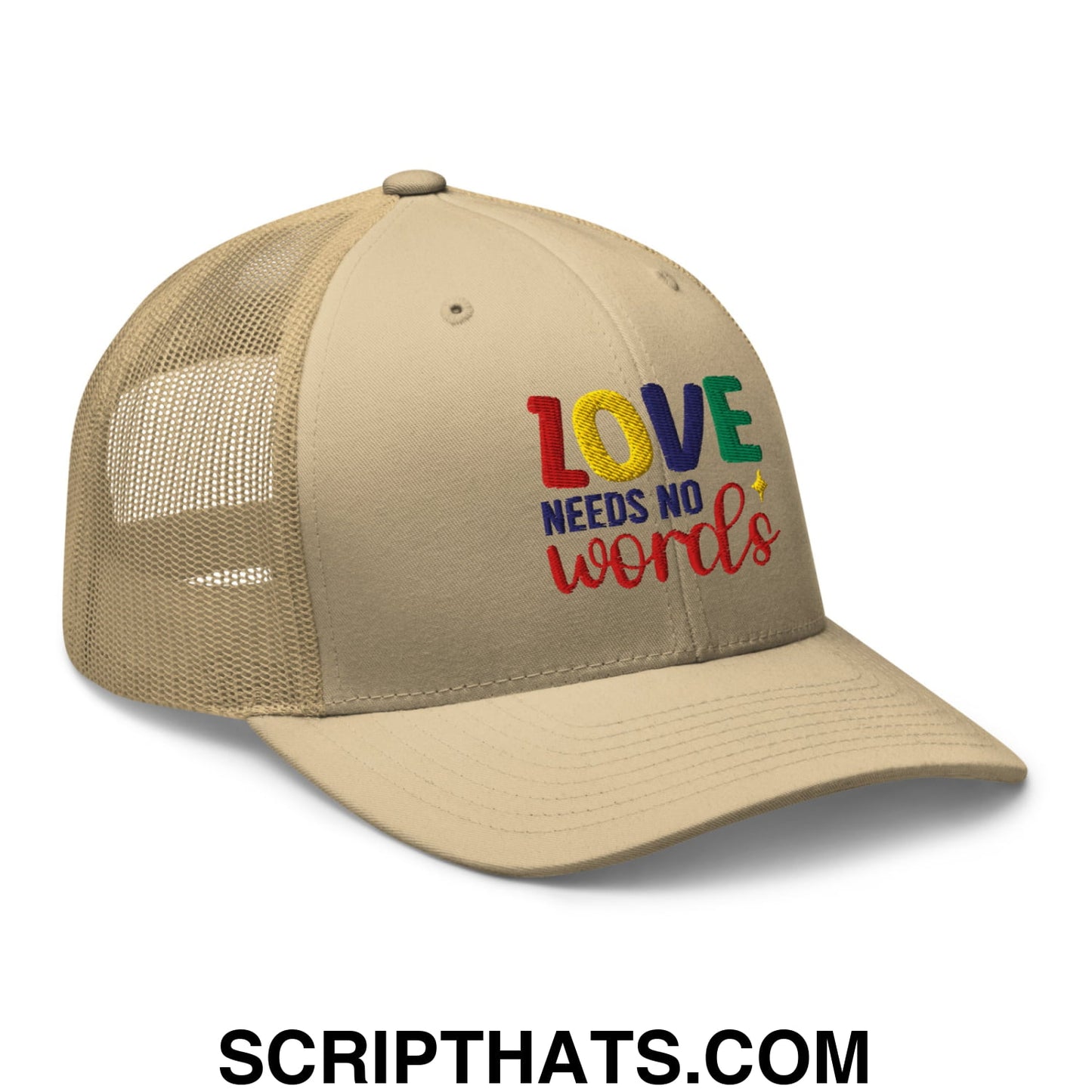 Love Needs No Words Autism Awareness Embroidered Mesh Trucker Hat Khaki