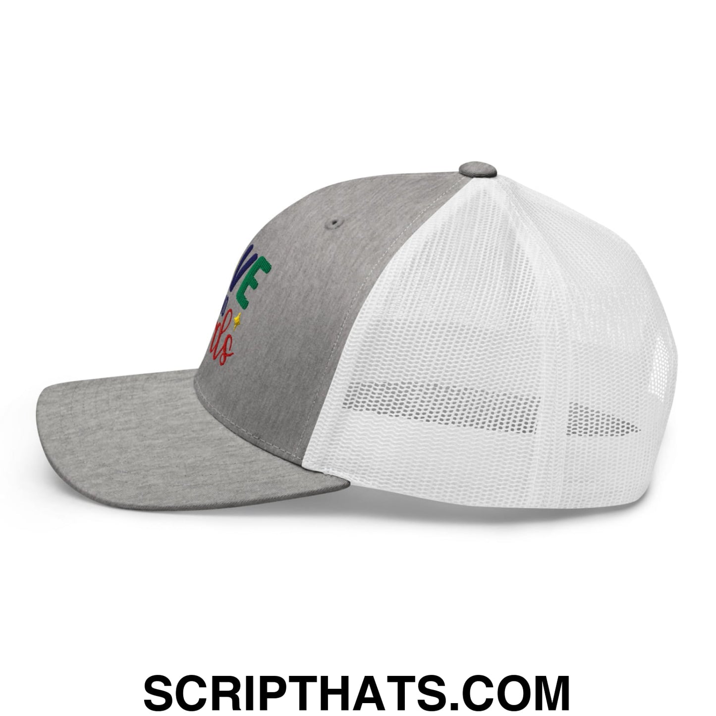 Love Needs No Words Autism Awareness Embroidered Mesh Trucker Hat Heather Grey White