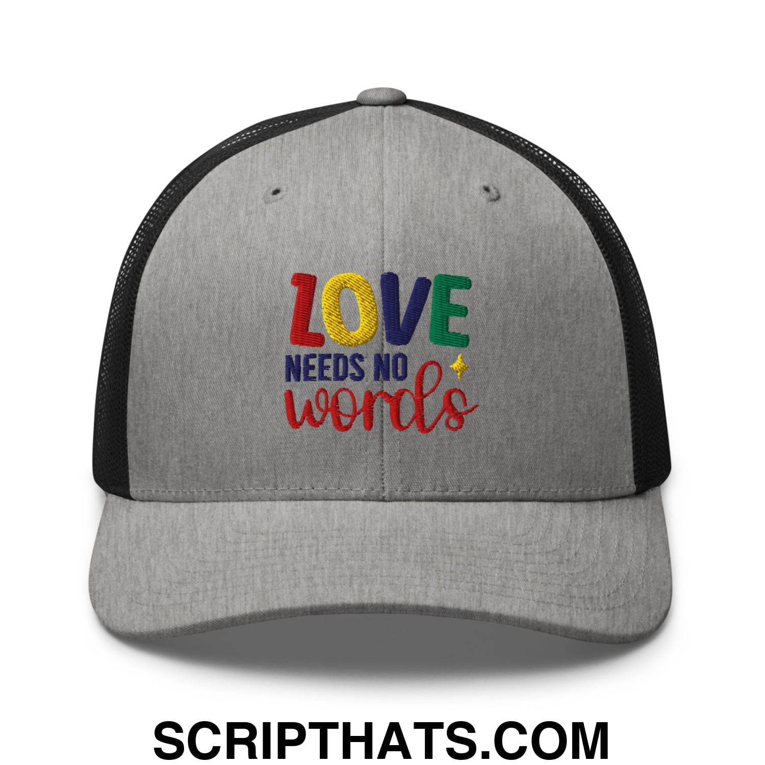 Love Needs No Words Autism Awareness Embroidered Mesh Trucker Hat Heather Black