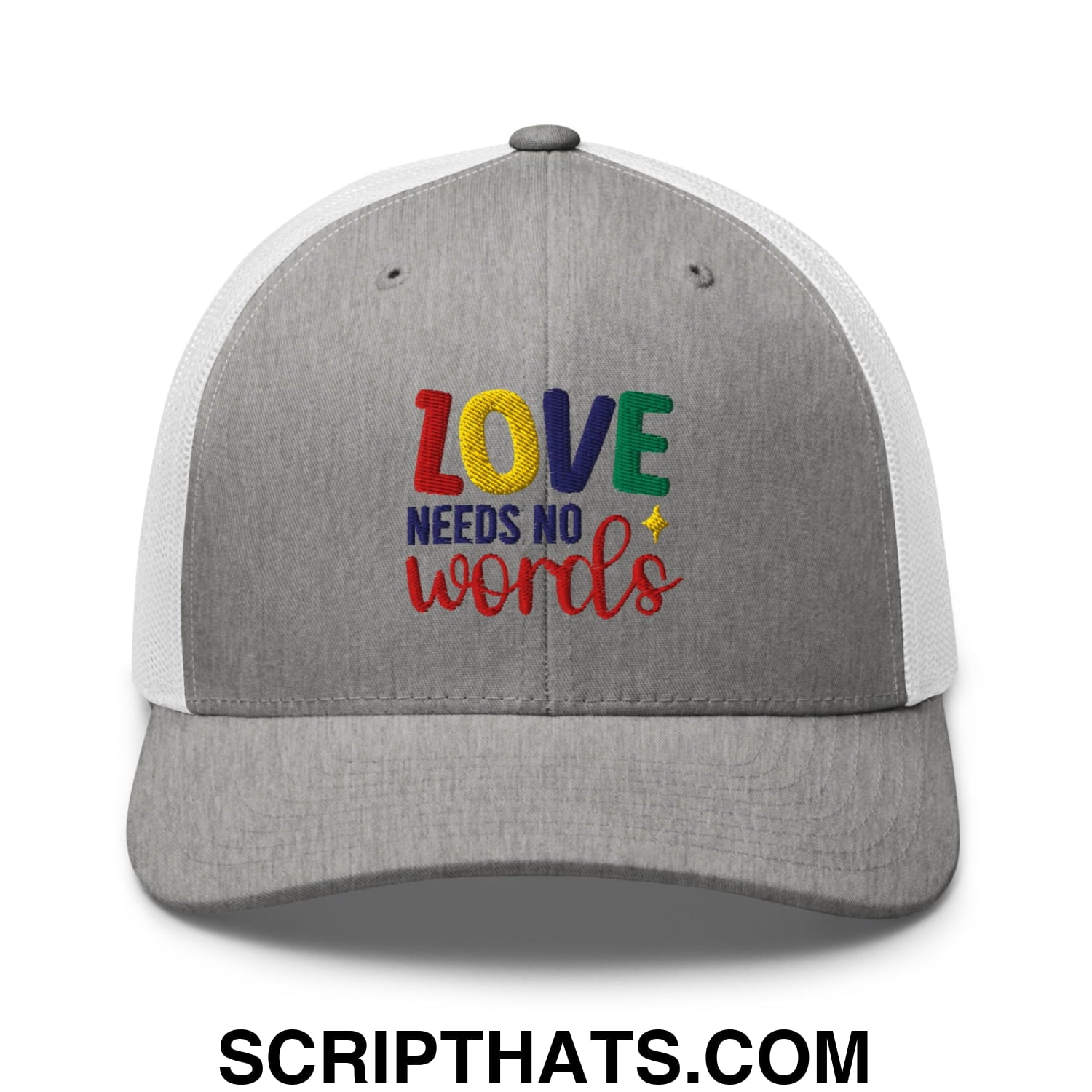 Love Needs No Words Autism Awareness Embroidered Mesh Trucker Hat Heather Grey White