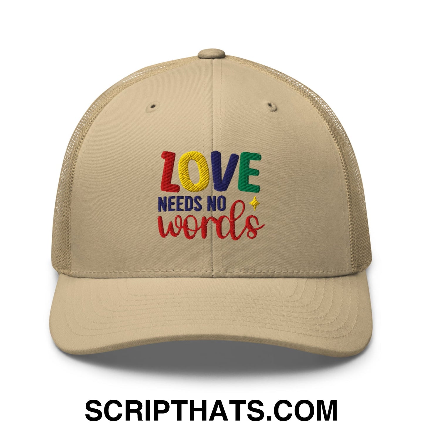 Love Needs No Words Autism Awareness Embroidered Mesh Trucker Hat Khaki