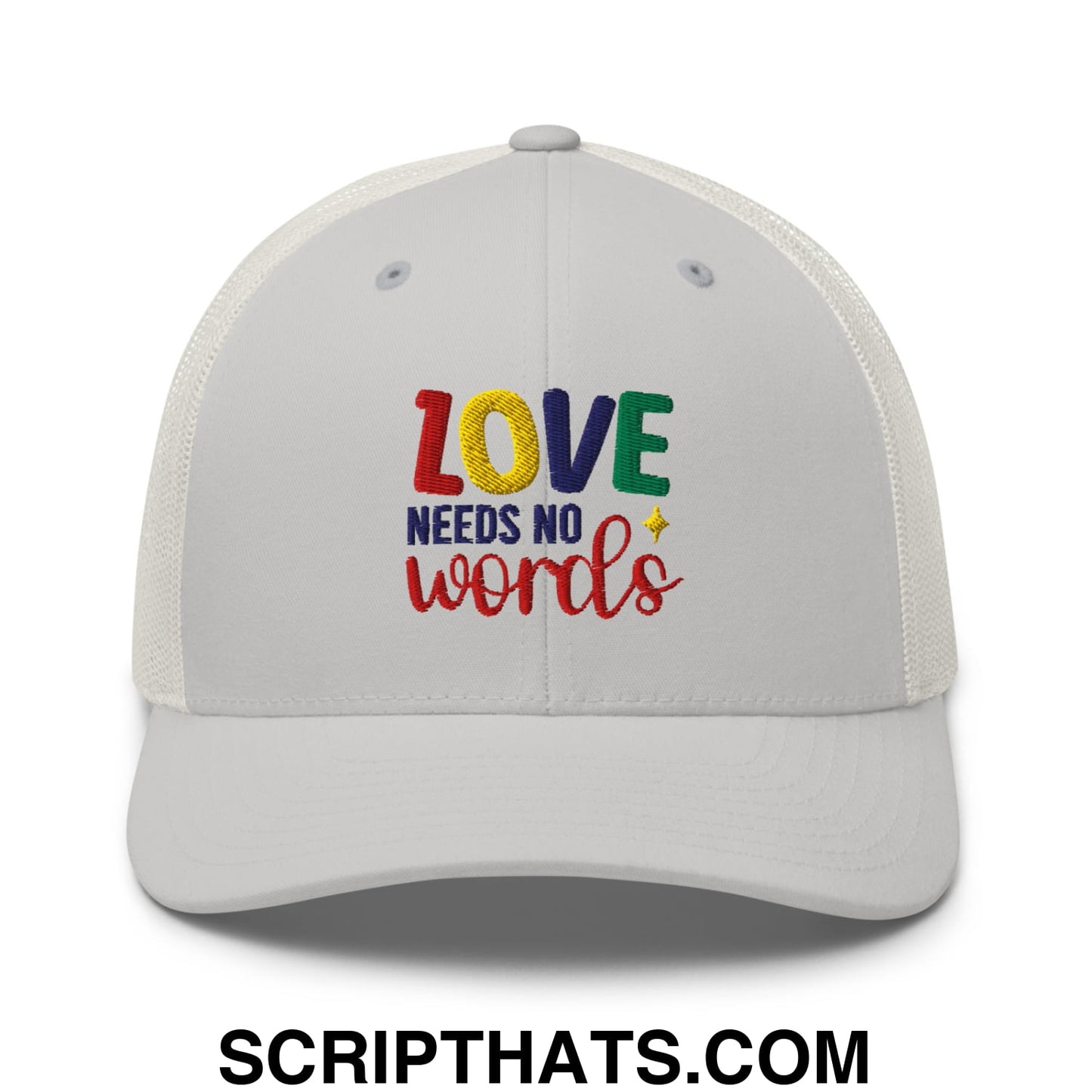 Love Needs No Words Autism Awareness Embroidered Mesh Trucker Hat Silver