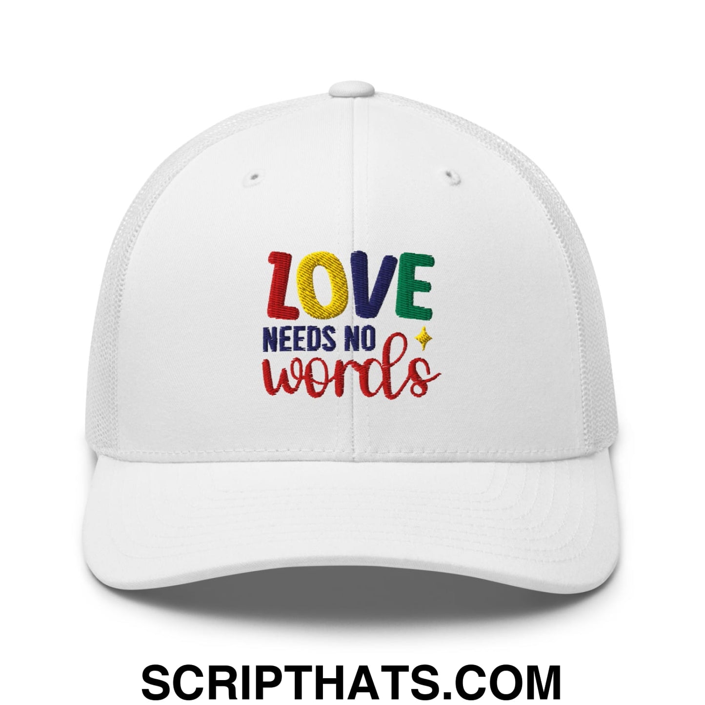 Love Needs No Words Autism Awareness Embroidered Mesh Trucker Hat White