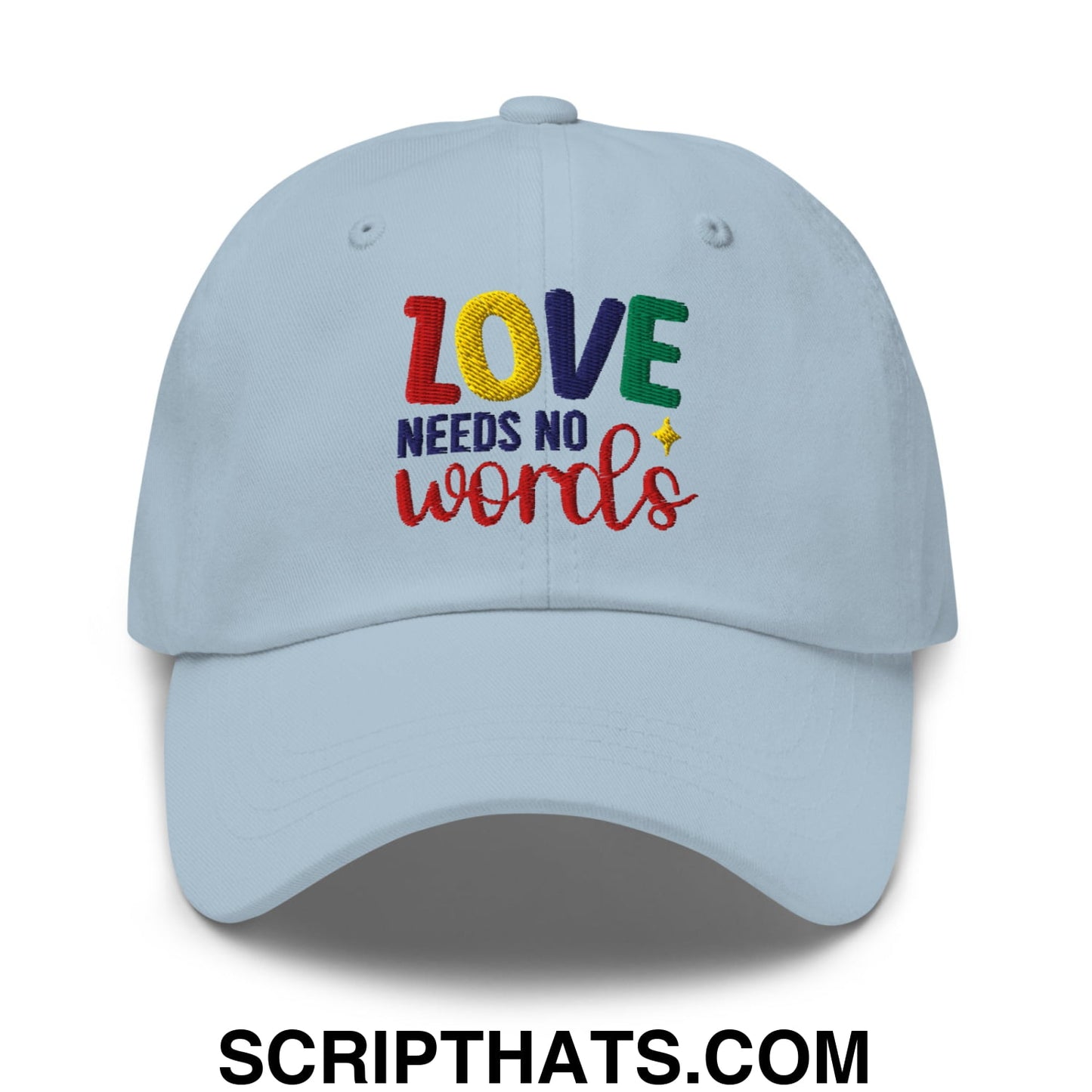 Love Needs No Words Autism Awareness Embroidered Unstructured Dad Hat Light Blue