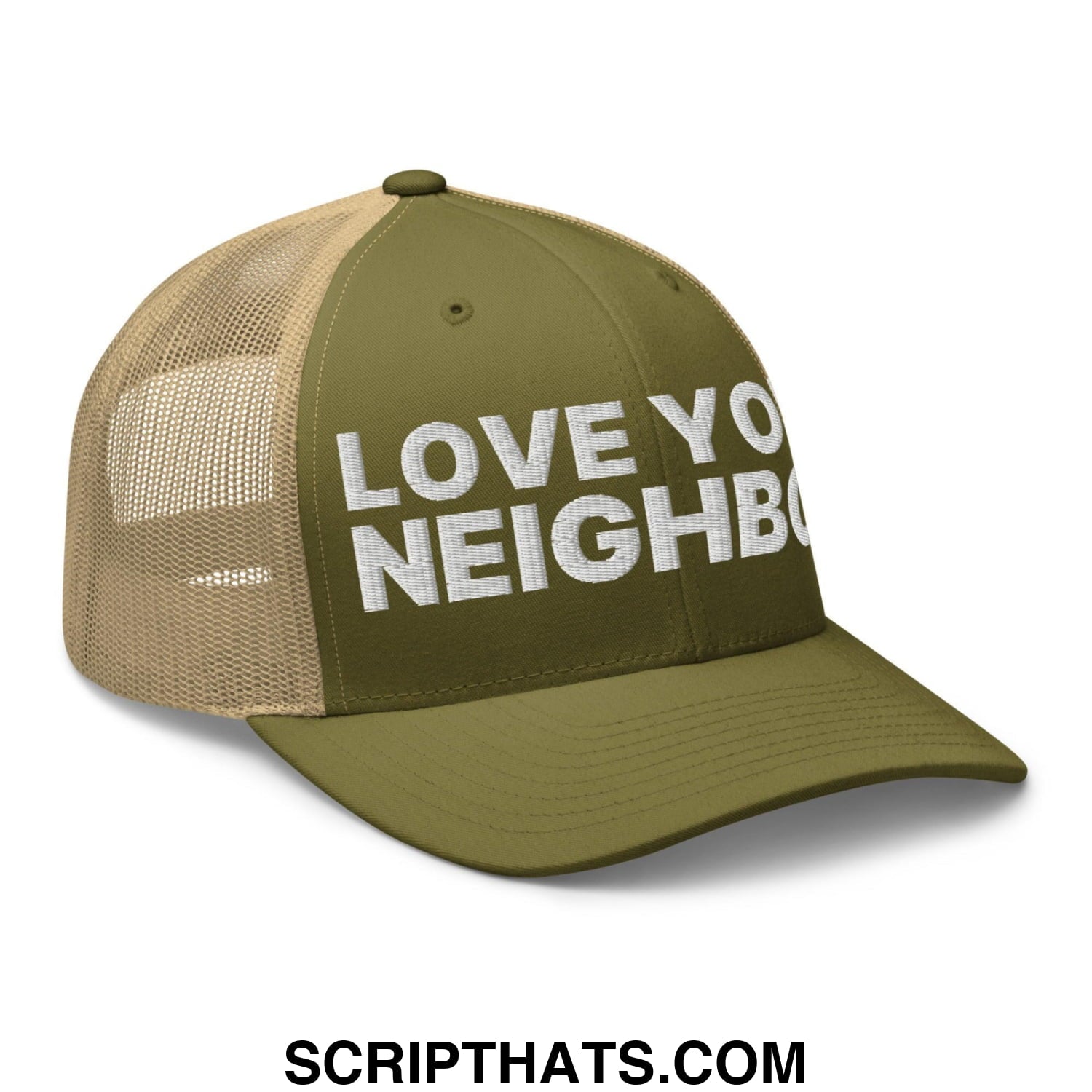 Love Your Neighbor Retro Trucker Hat Moss Khaki