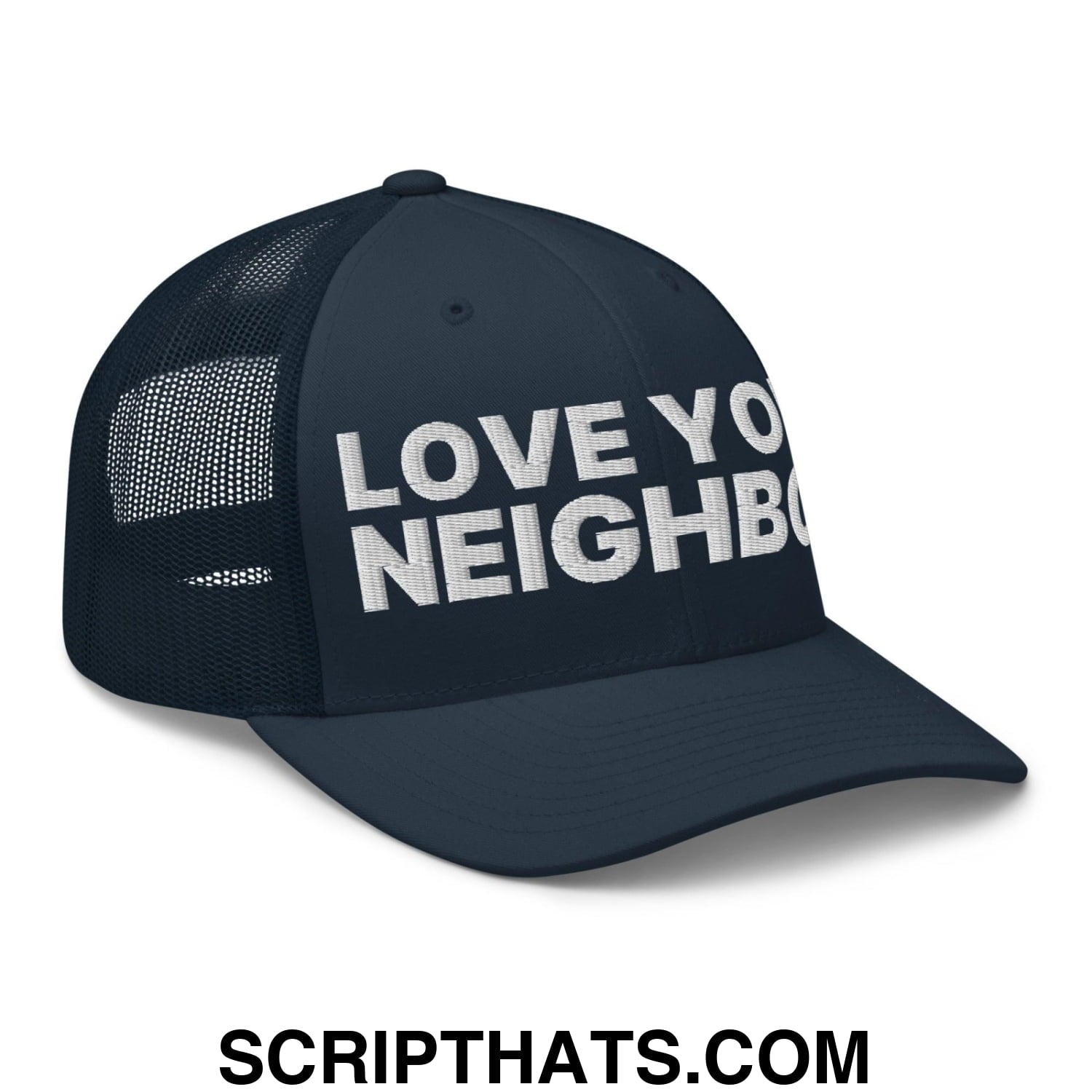 Love Your Neighbor Retro Trucker Hat Navy