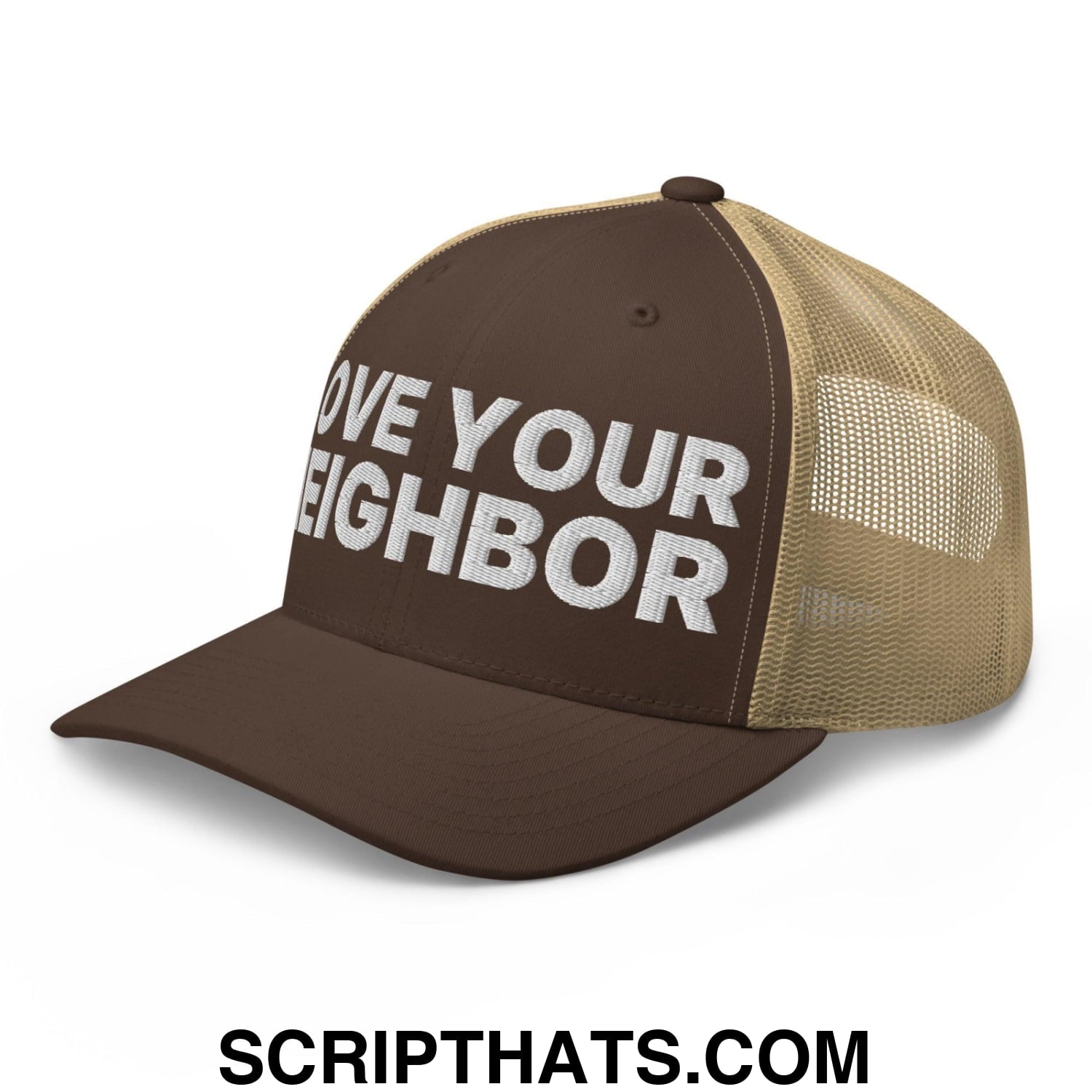 Love Your Neighbor Retro Trucker Hat Brown Khaki