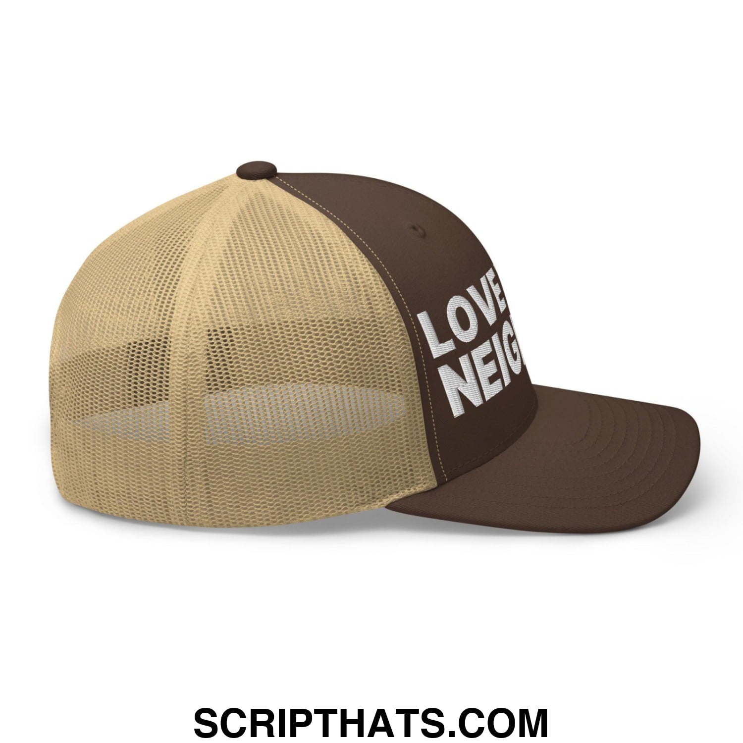 Love Your Neighbor Retro Trucker Hat Brown Khaki
