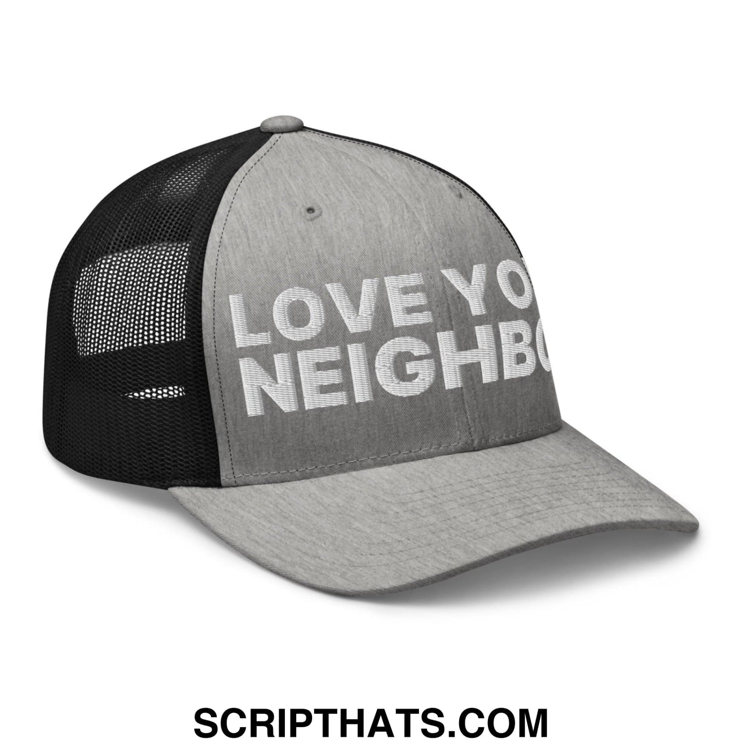 Love Your Neighbor Retro Trucker Hat Heather Black