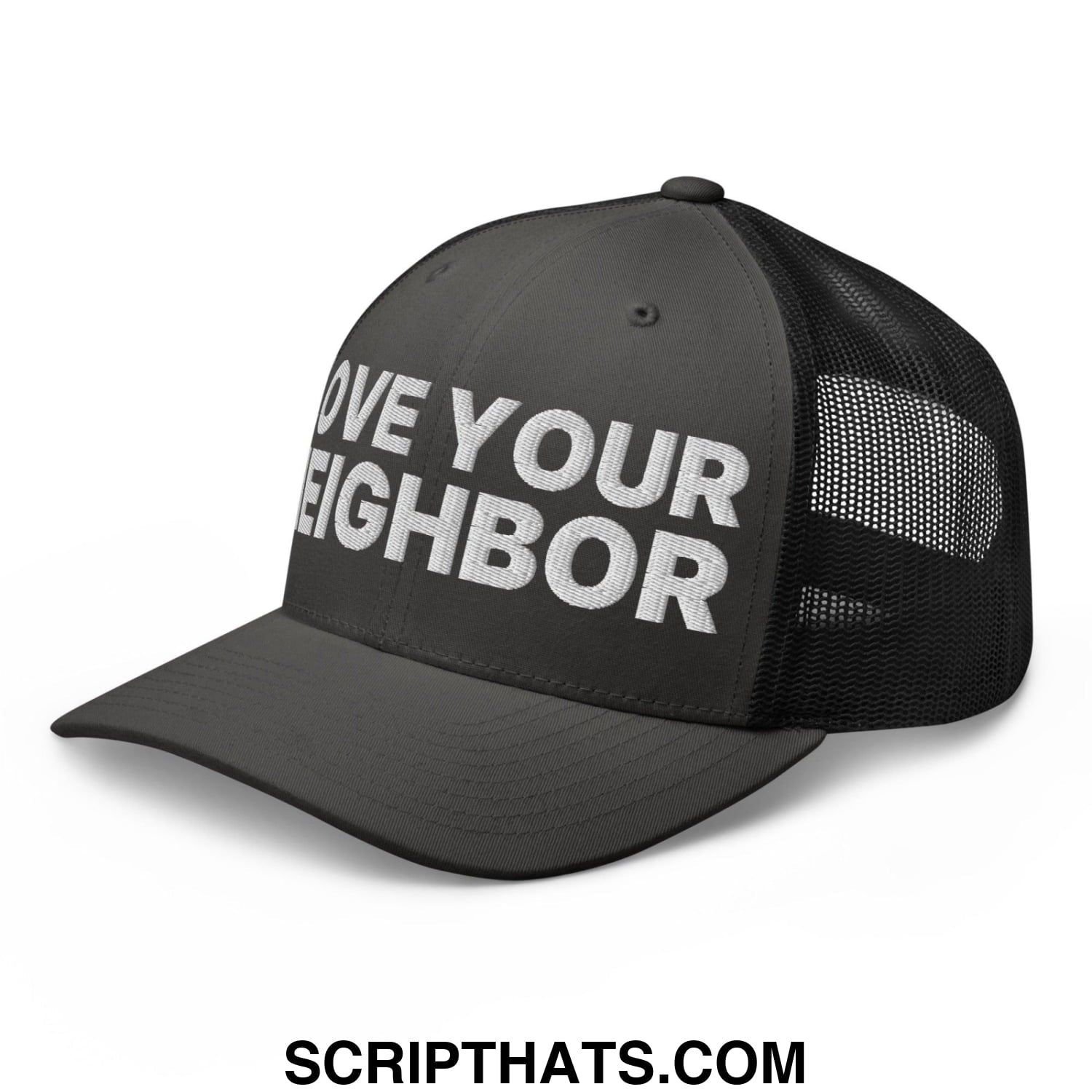 Love Your Neighbor Retro Trucker Hat Charcoal Black