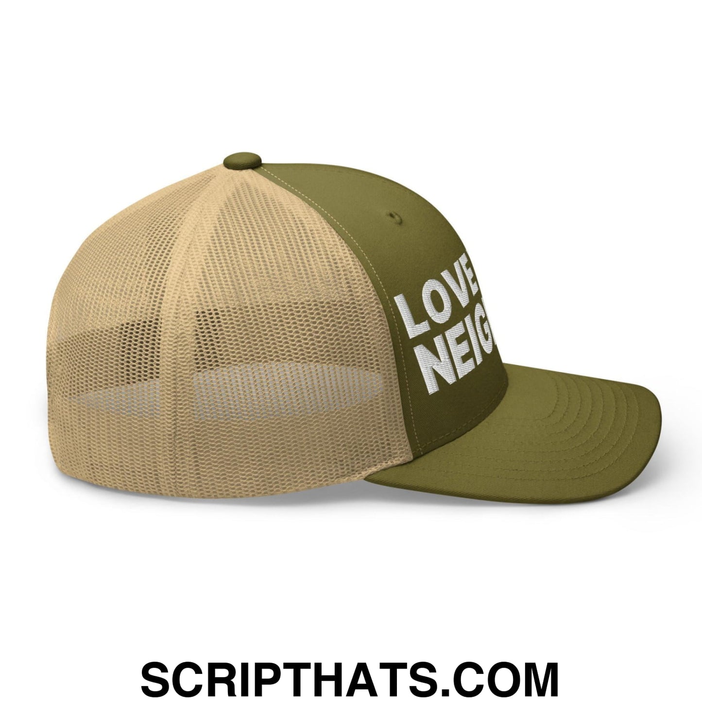 Love Your Neighbor Retro Trucker Hat Moss Khaki