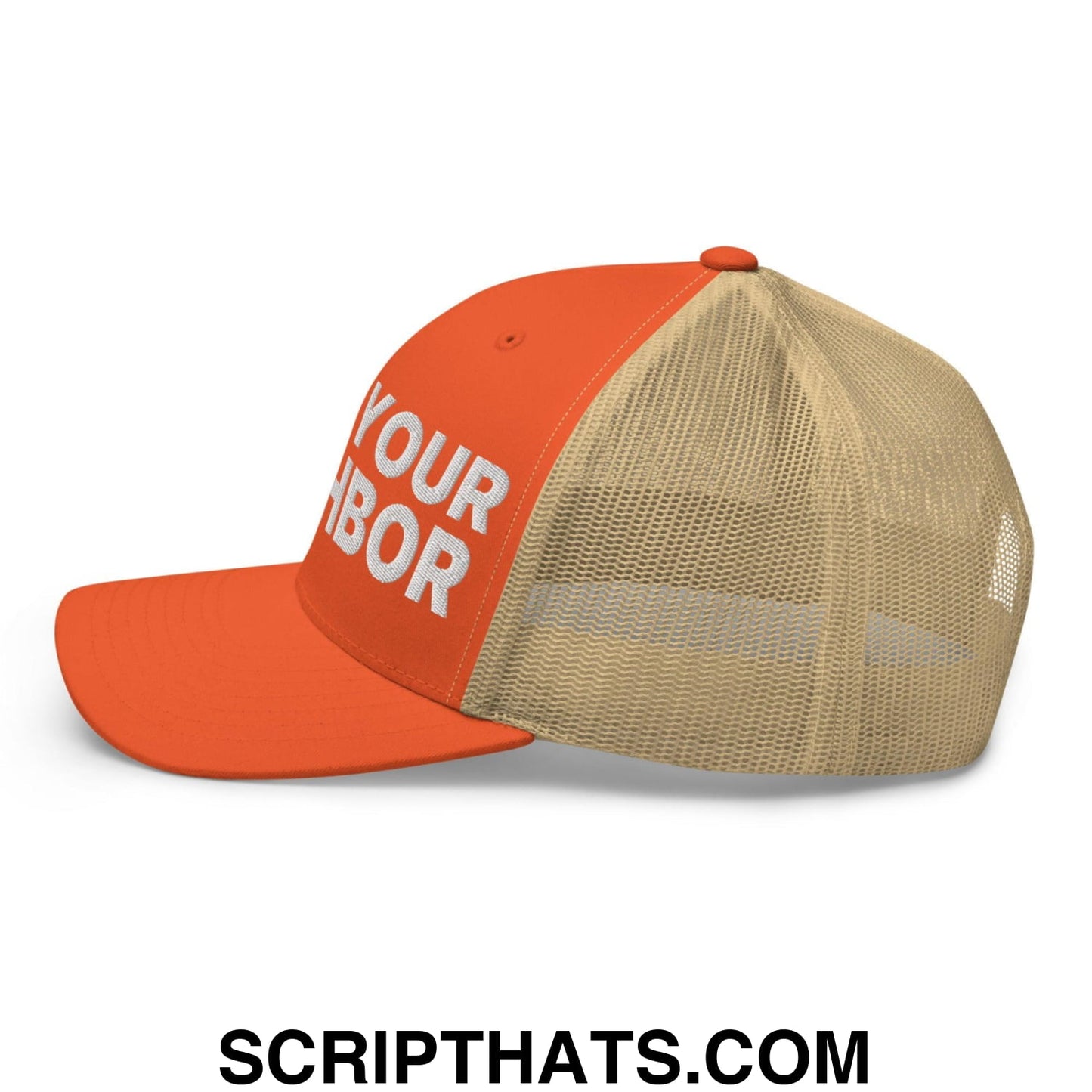 Love Your Neighbor Retro Trucker Hat Rustic Orange Khaki