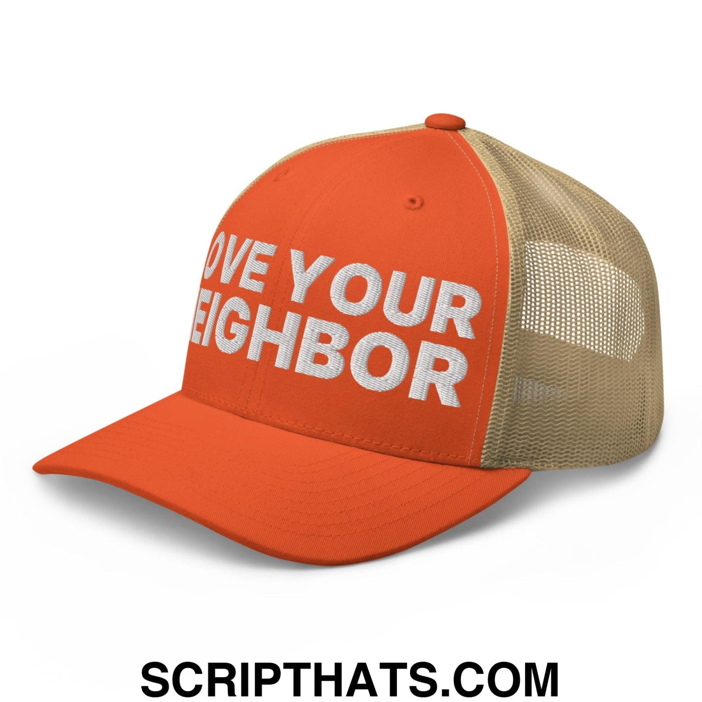 Love Your Neighbor Retro Trucker Hat Rustic Orange Khaki