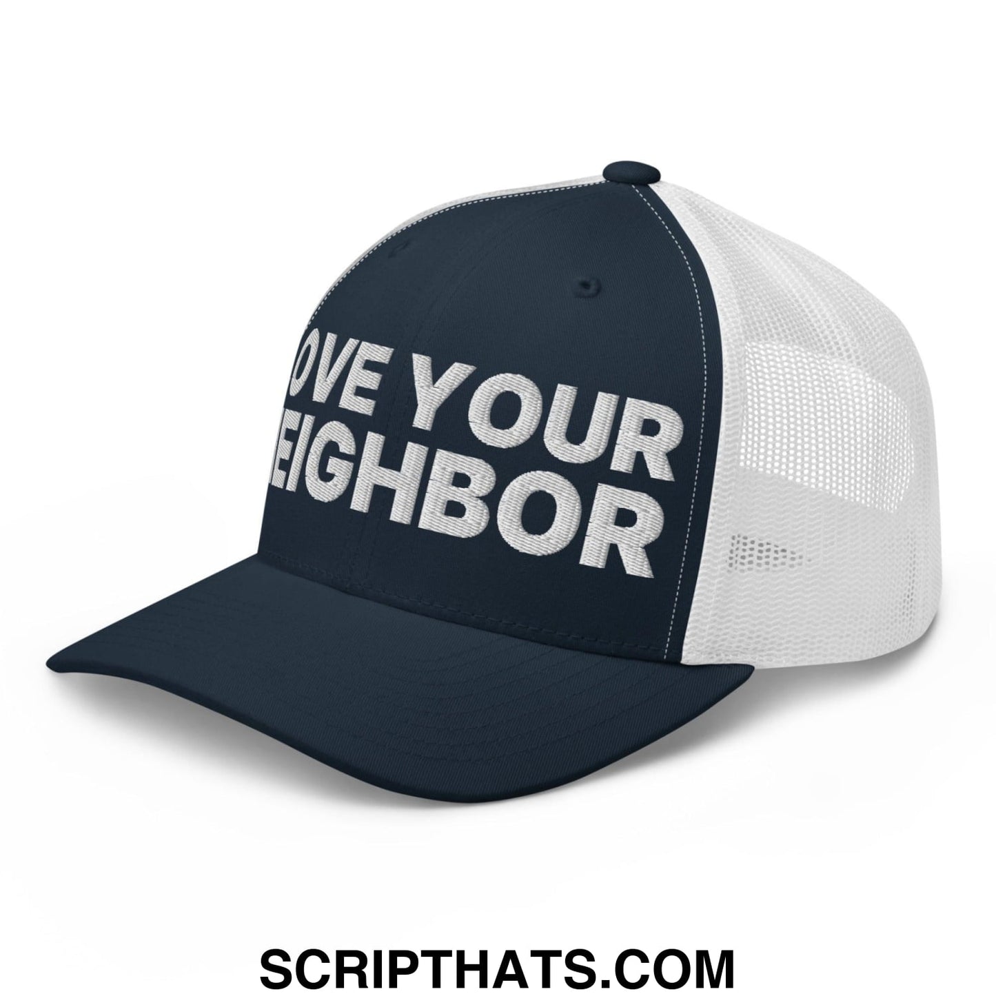 Love Your Neighbor Retro Trucker Hat Navy White