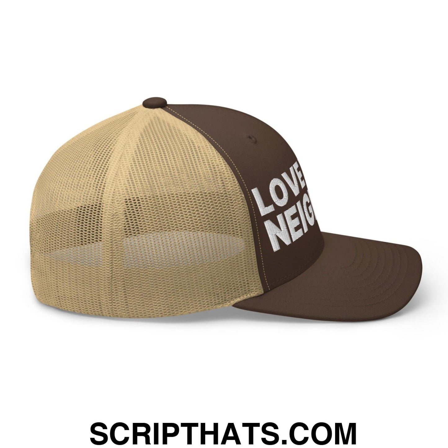 Love Your Neighbor Retro Trucker Hat Brown Khaki