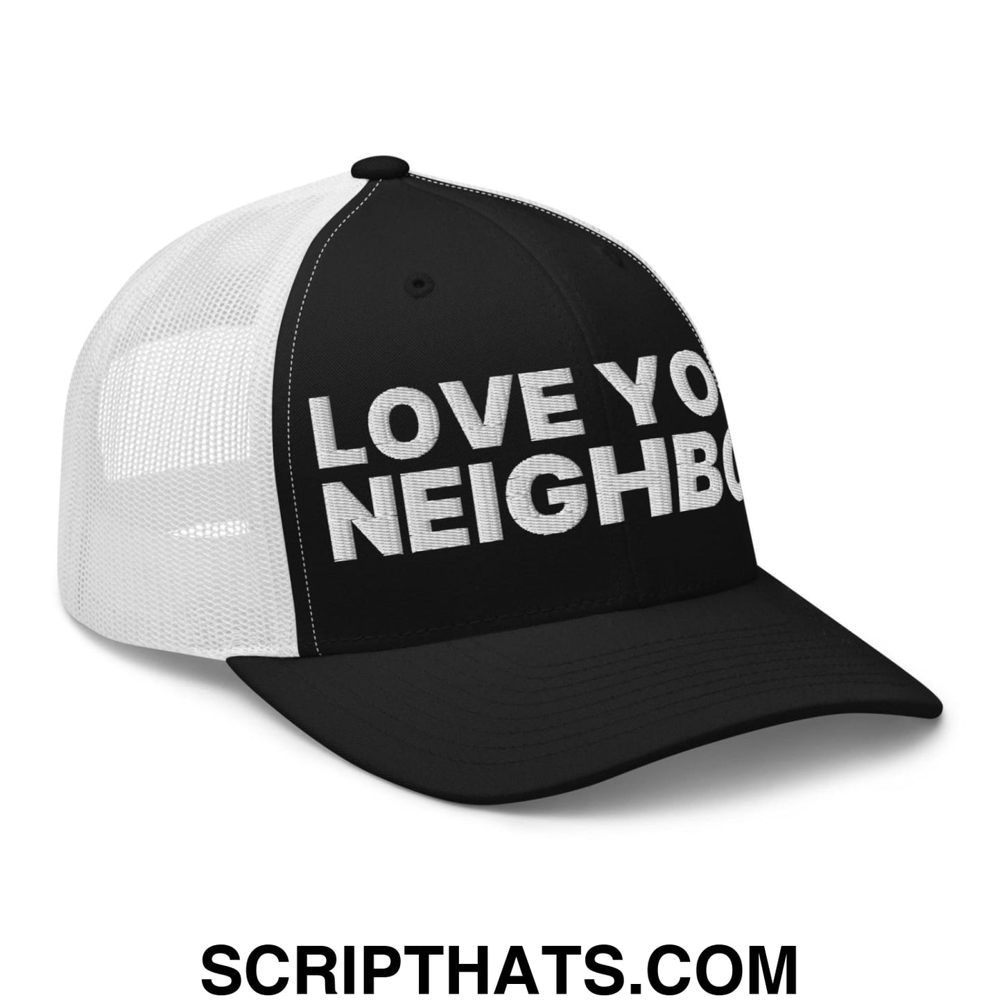 Love Your Neighbor Retro Trucker Hat Black White