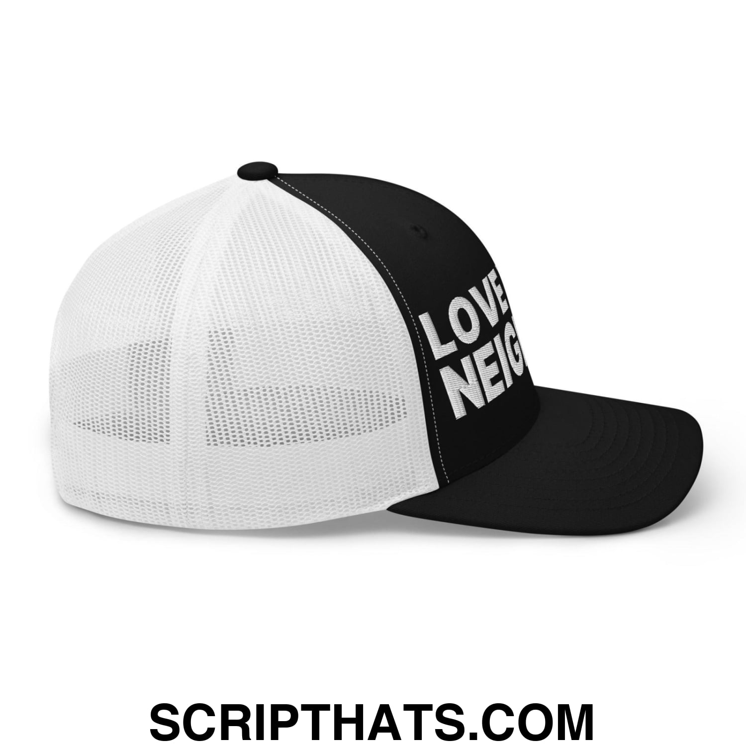 Love Your Neighbor Retro Trucker Hat Black White