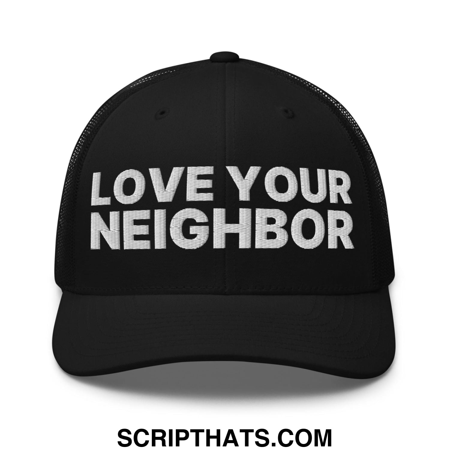 Love Your Neighbor Retro Trucker Hat Black