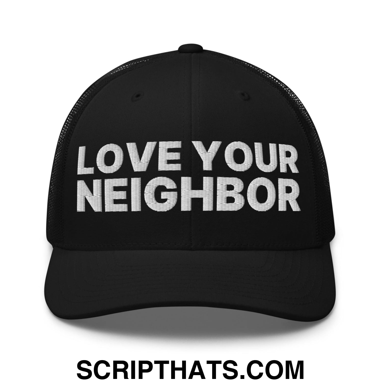 Love Your Neighbor Retro Trucker Hat Black