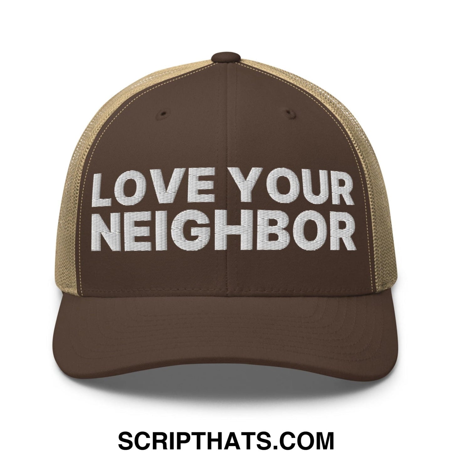 Love Your Neighbor Retro Trucker Hat Brown Khaki