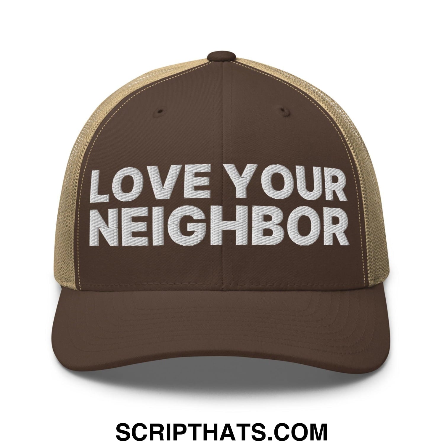 Love Your Neighbor Retro Trucker Hat Brown Khaki