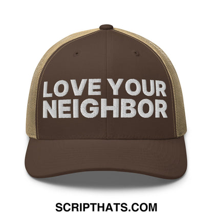 Love Your Neighbor Retro Trucker Hat Brown Khaki