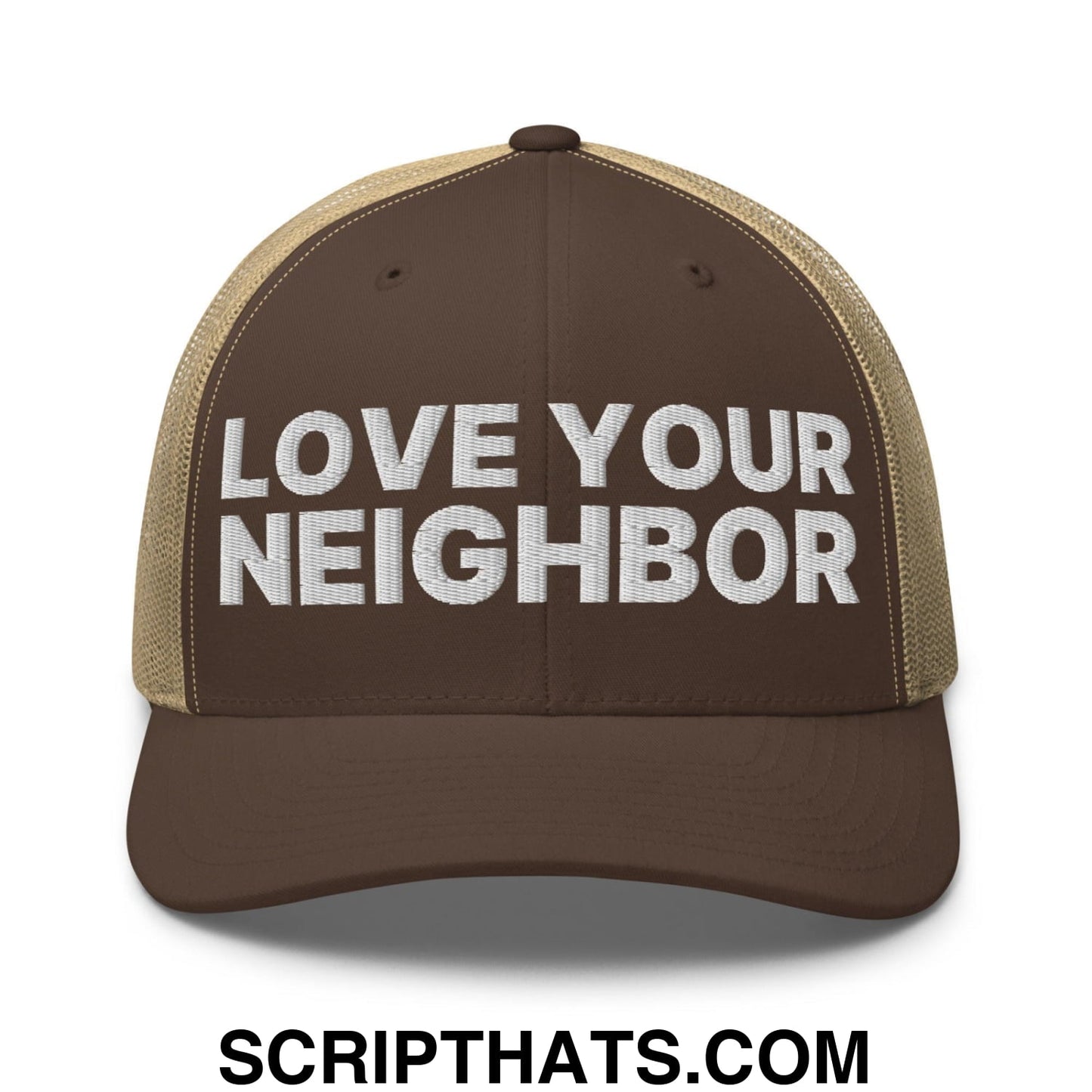 Love Your Neighbor Retro Trucker Hat Brown Khaki
