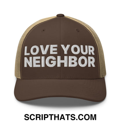 Love Your Neighbor Retro Trucker Hat Brown Khaki
