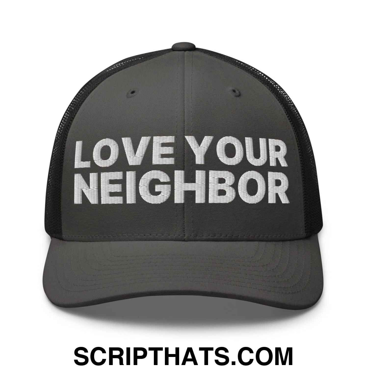 Love Your Neighbor Retro Trucker Hat Charcoal Black