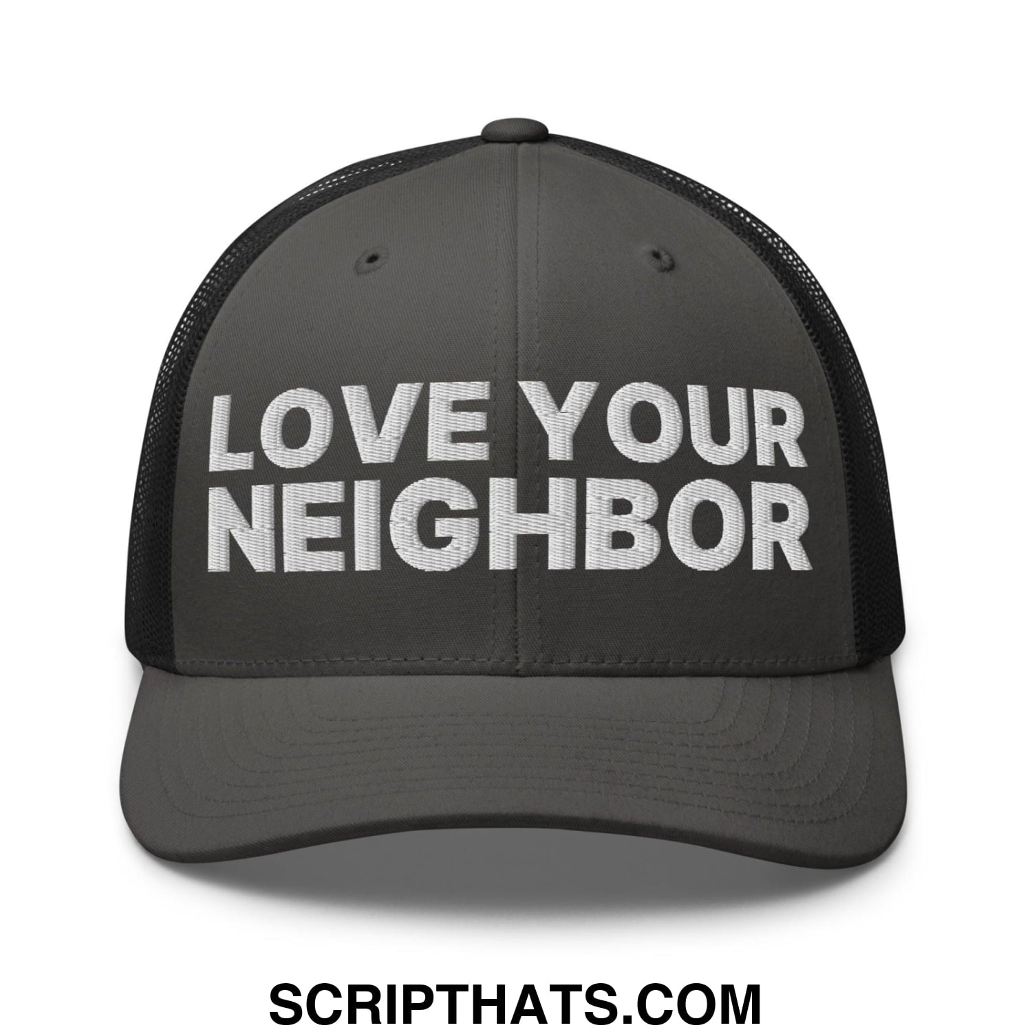 Love Your Neighbor Retro Trucker Hat Charcoal Black