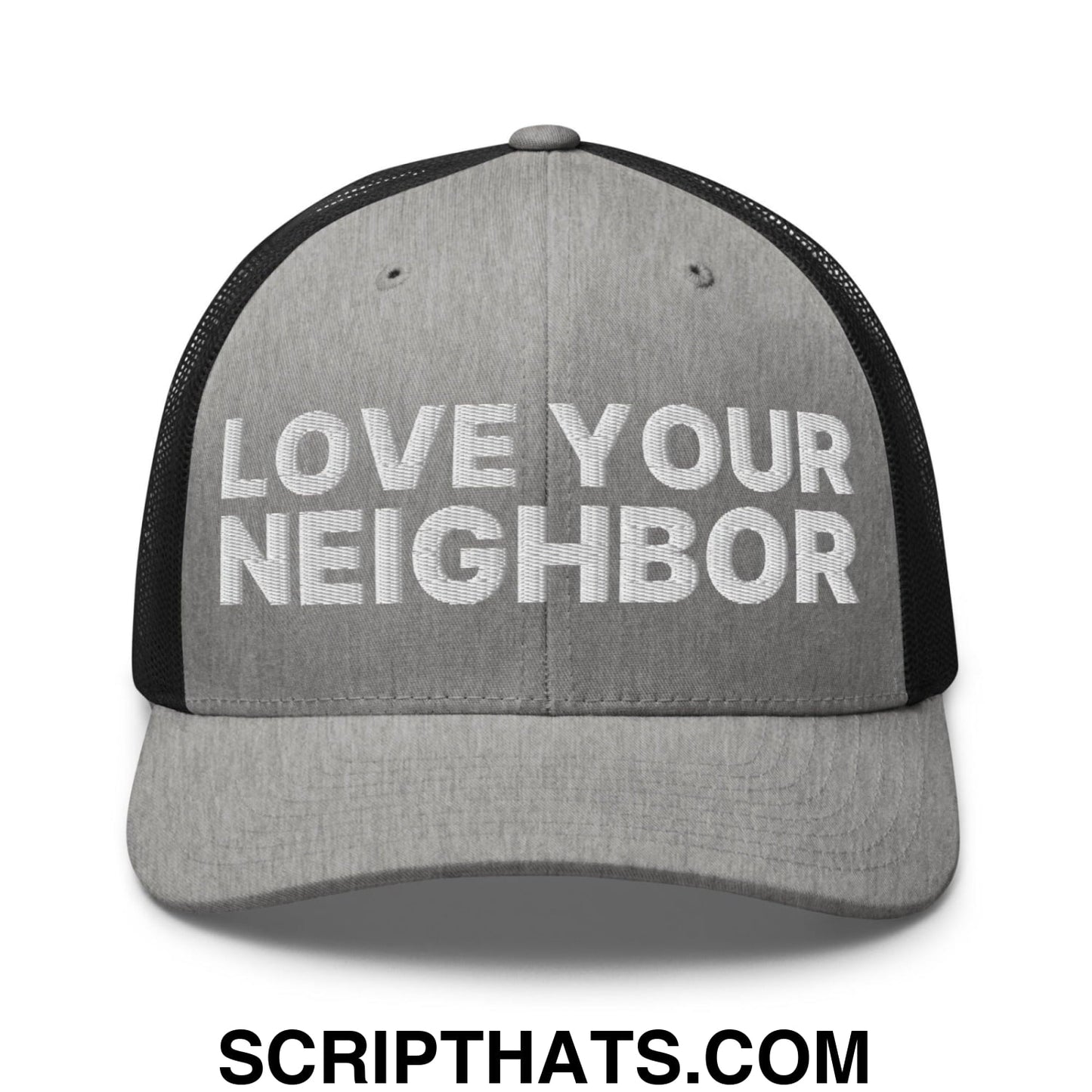 Love Your Neighbor Retro Trucker Hat Heather Black