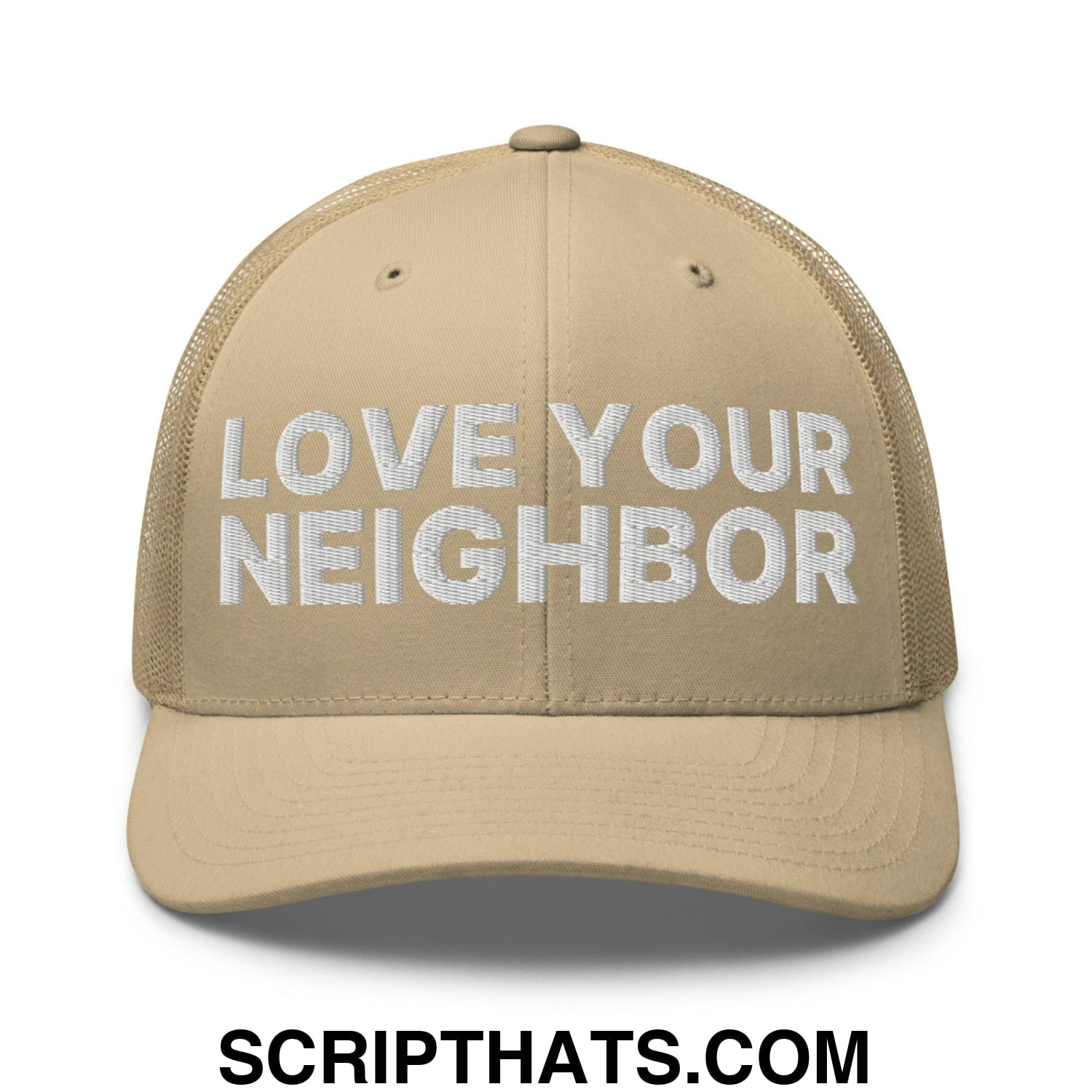 Love Your Neighbor Retro Trucker Hat Khaki