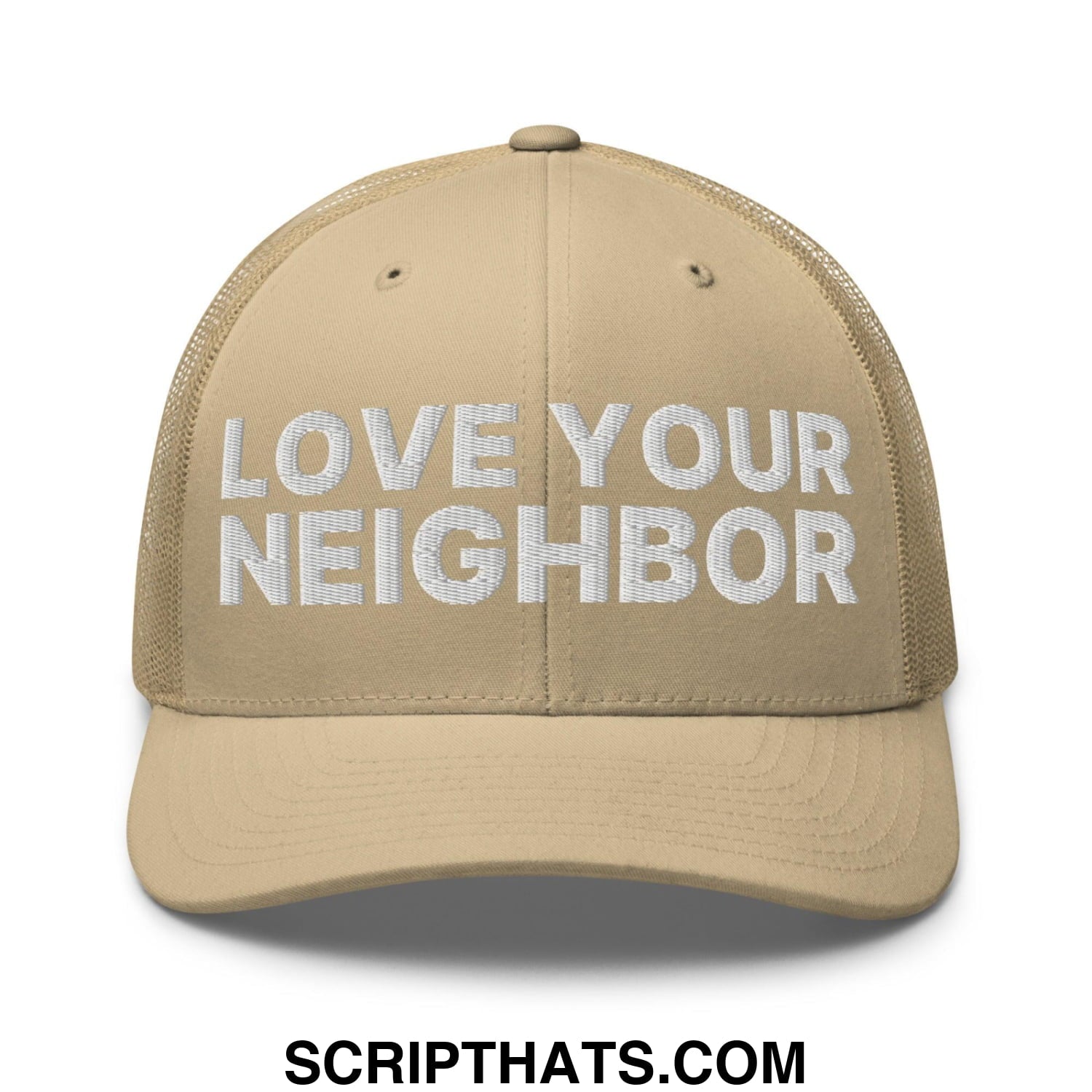 Love Your Neighbor Retro Trucker Hat Khaki
