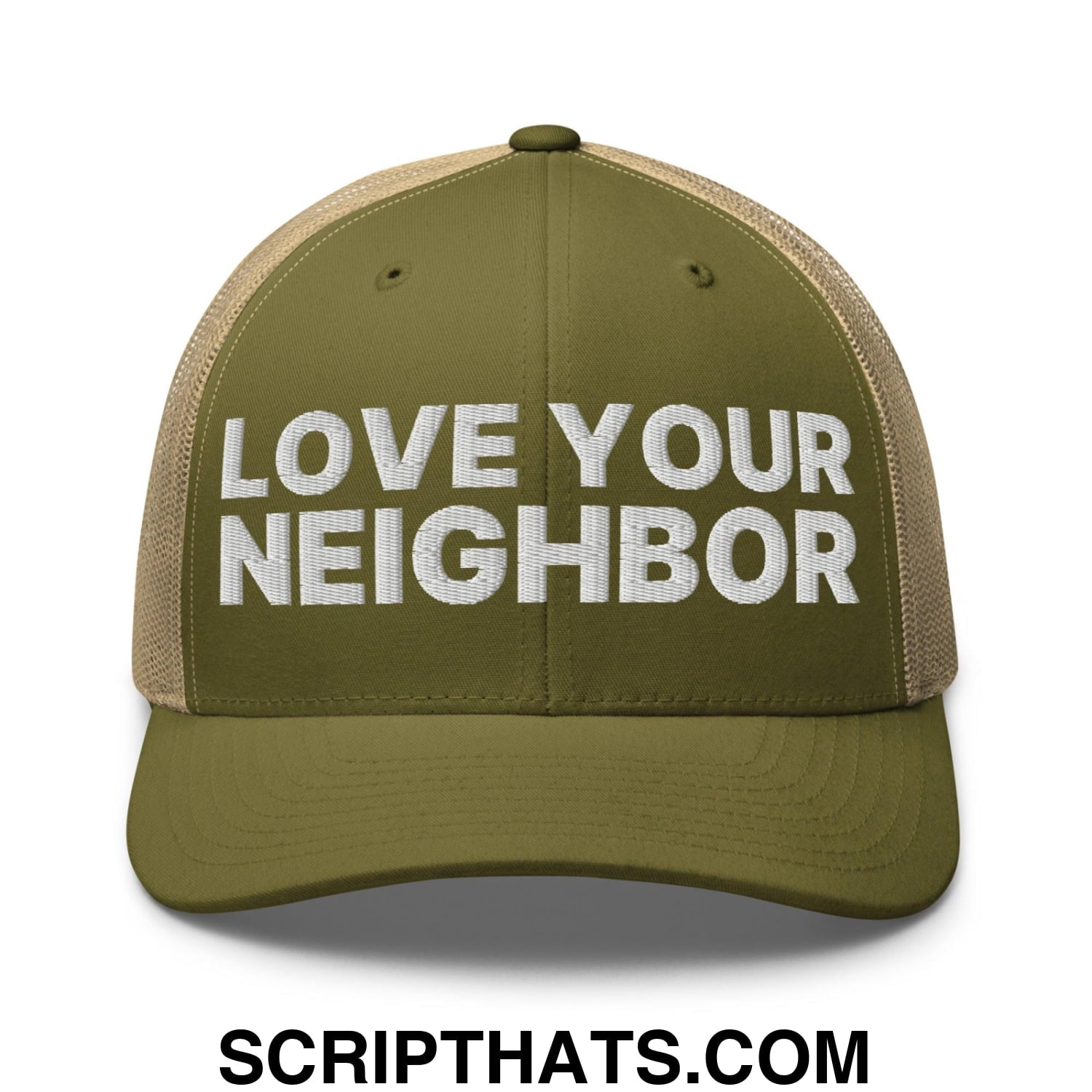 Love Your Neighbor Retro Trucker Hat Moss Khaki