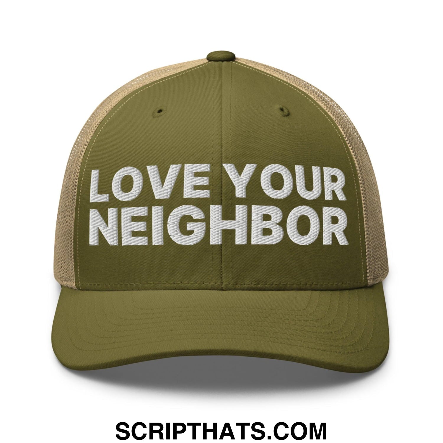 Love Your Neighbor Retro Trucker Hat Moss Khaki