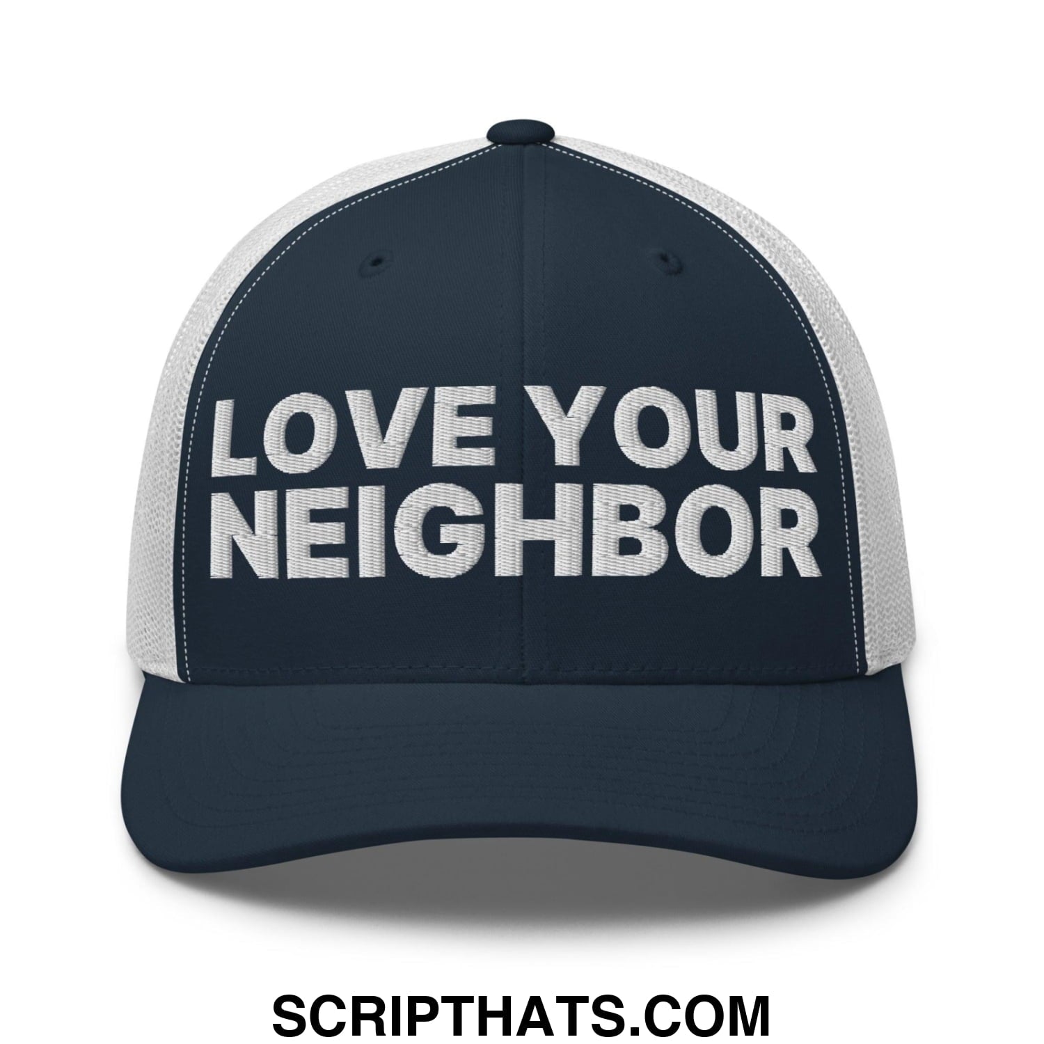 Love Your Neighbor Retro Trucker Hat Navy White