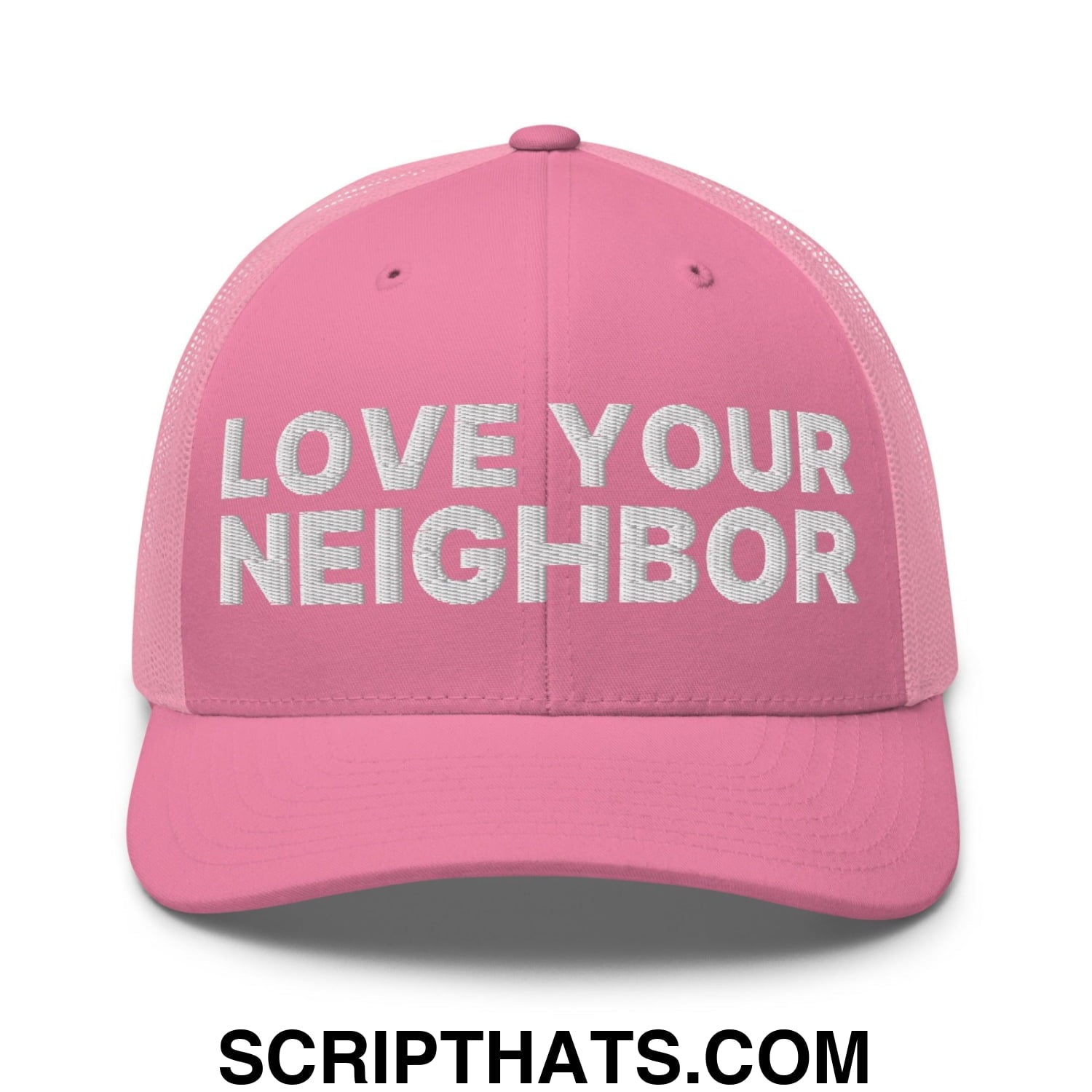 Love Your Neighbor Retro Trucker Hat Pink