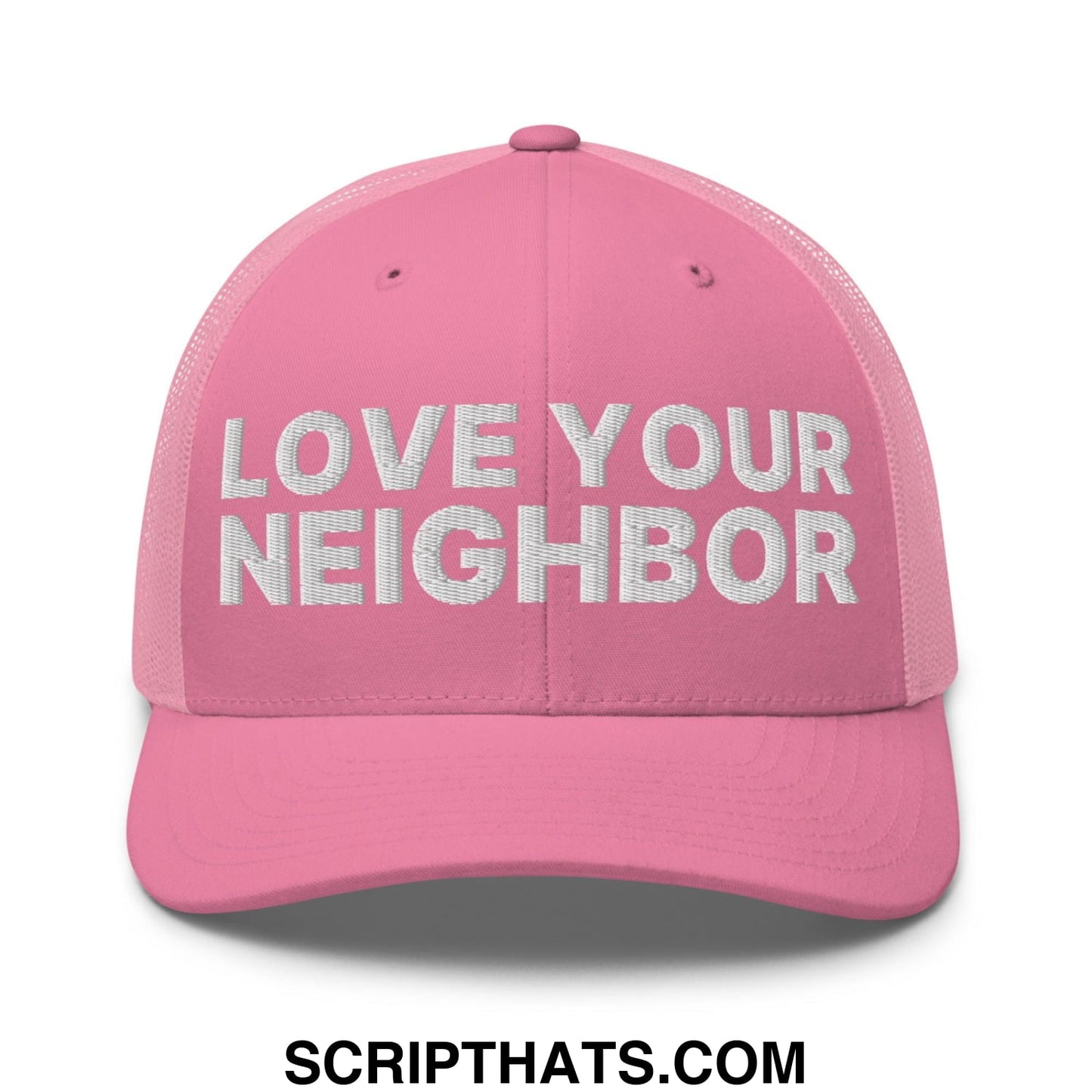 Love Your Neighbor Retro Trucker Hat Pink