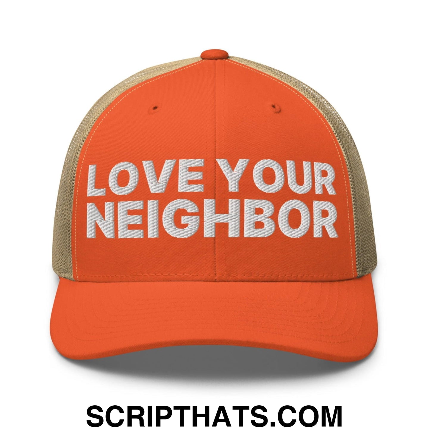Love Your Neighbor Retro Trucker Hat Rustic Orange Khaki
