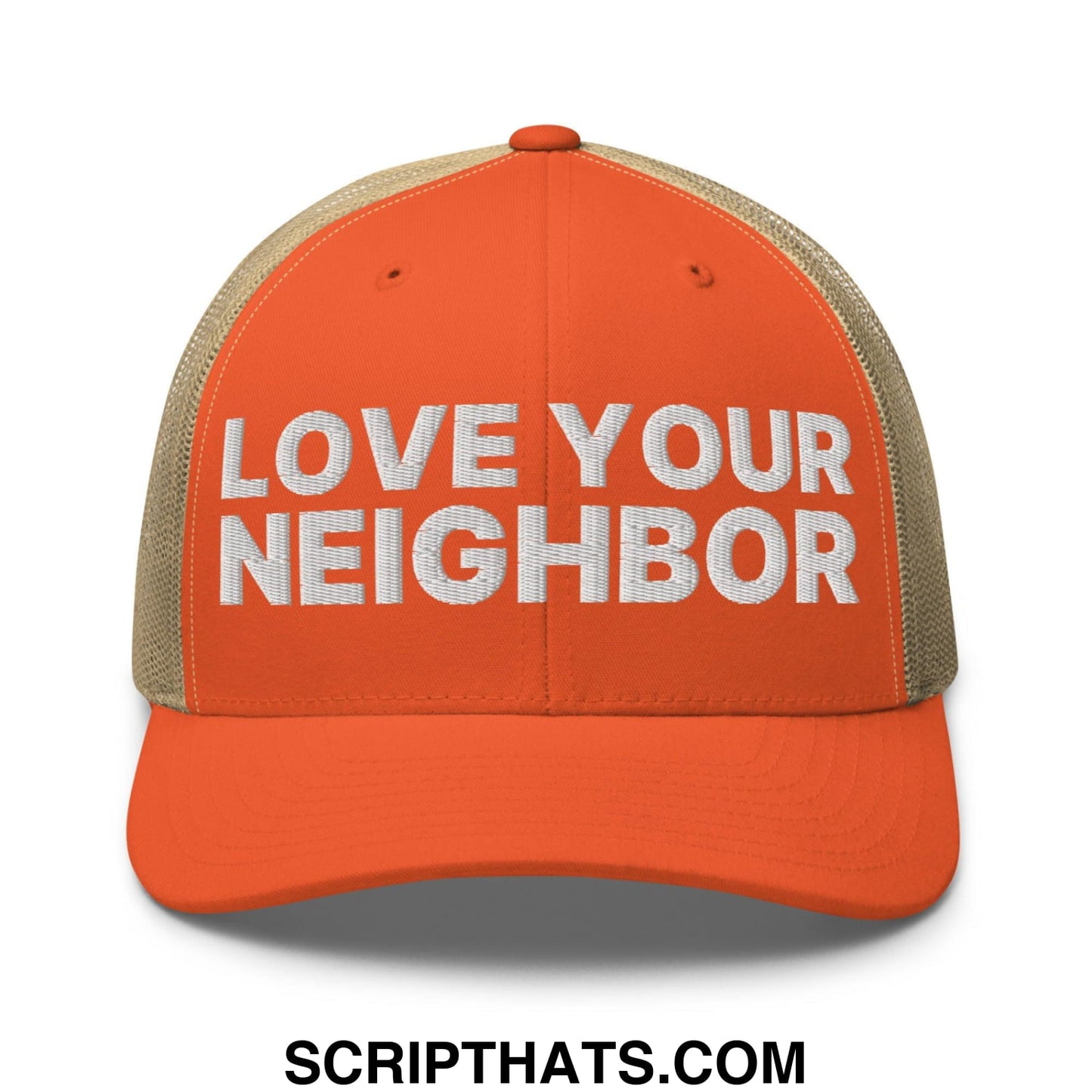 Love Your Neighbor Retro Trucker Hat Rustic Orange Khaki