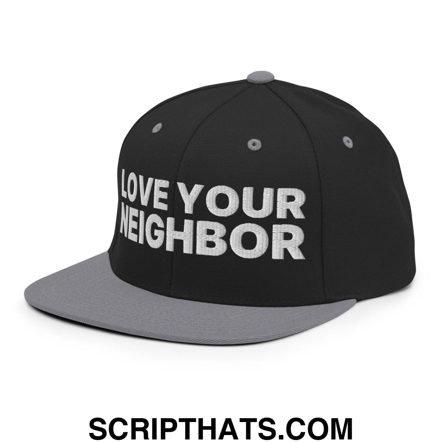 Love Your Neighbor Snapback Hat Black Silver