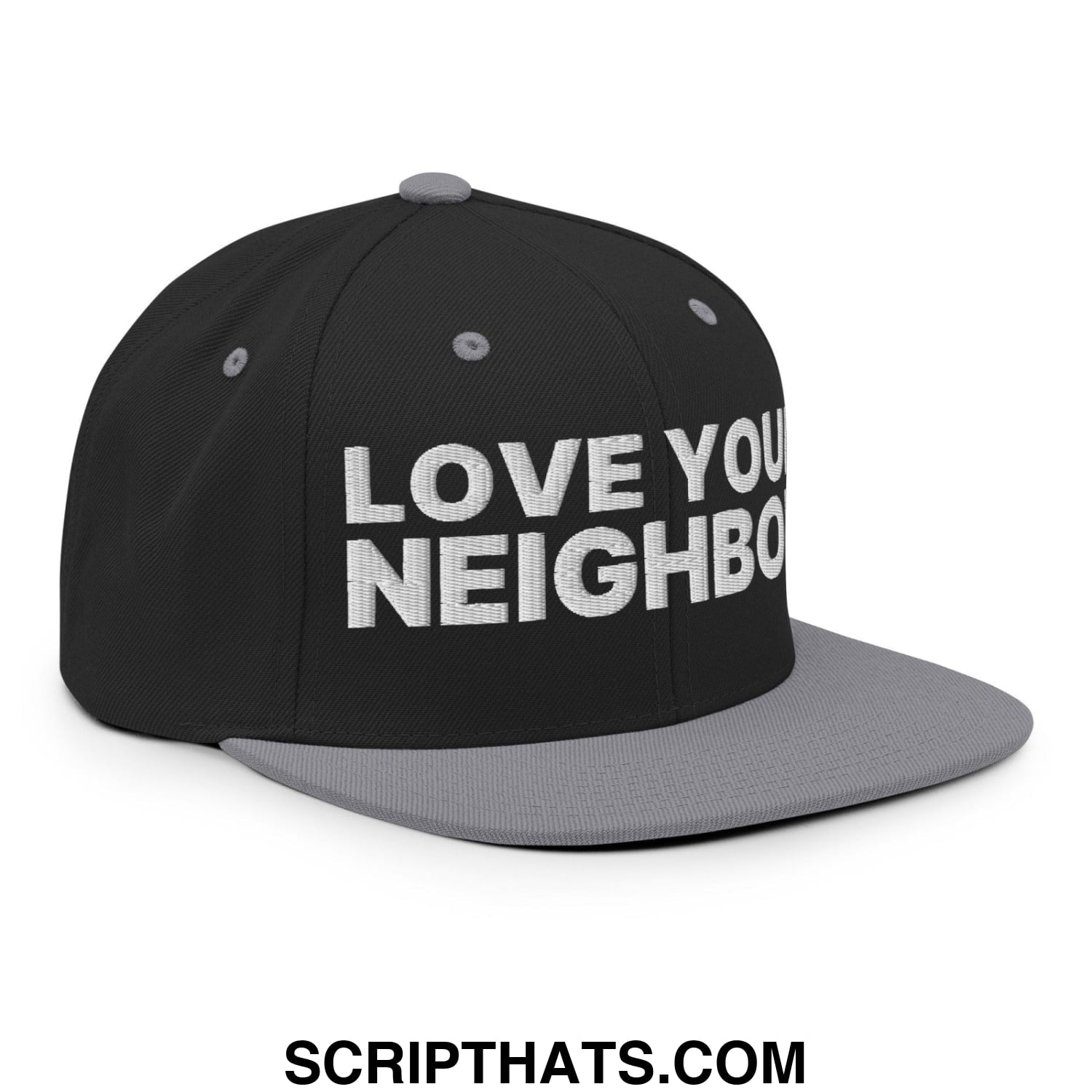 Love Your Neighbor Snapback Hat Black Silver