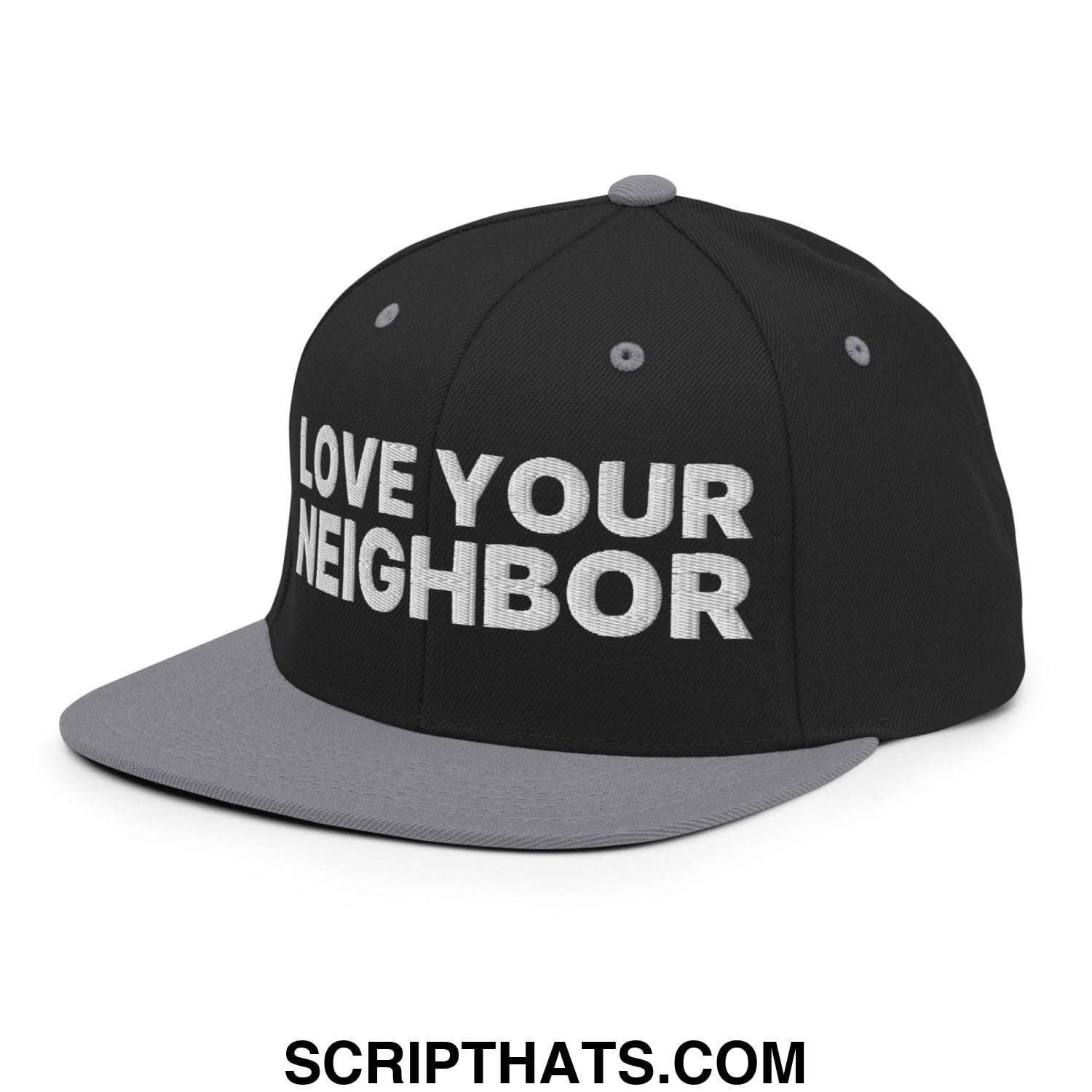 Love Your Neighbor Snapback Hat Black Silver