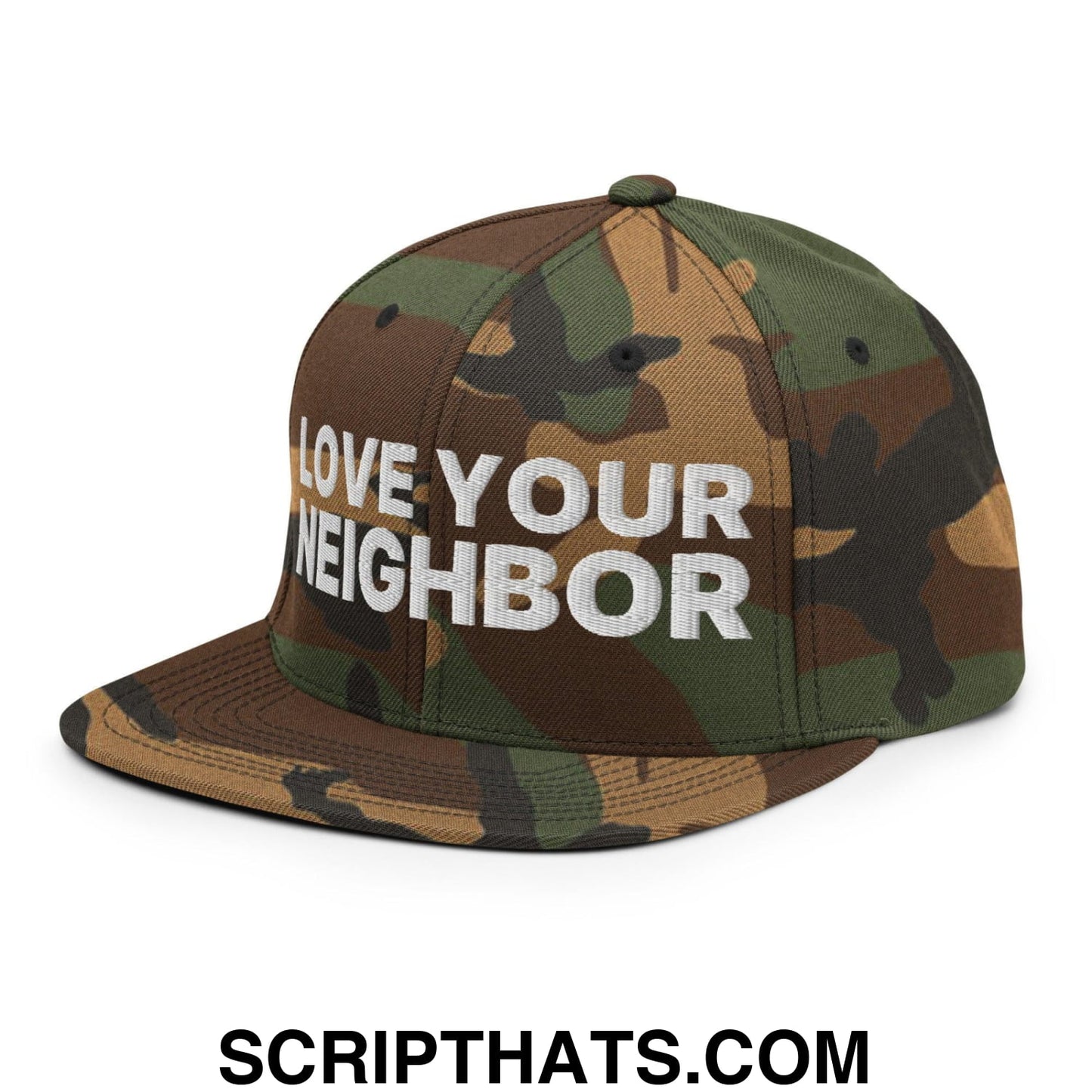 Love Your Neighbor Snapback Hat Green Camo