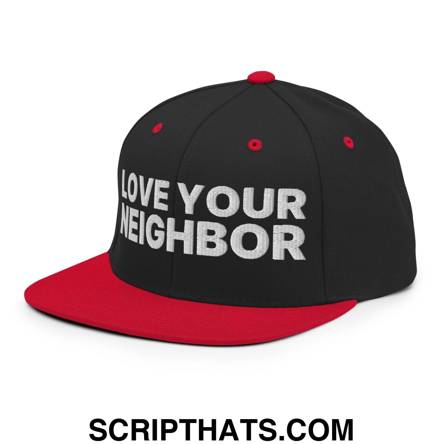 Love Your Neighbor Snapback Hat Black Red