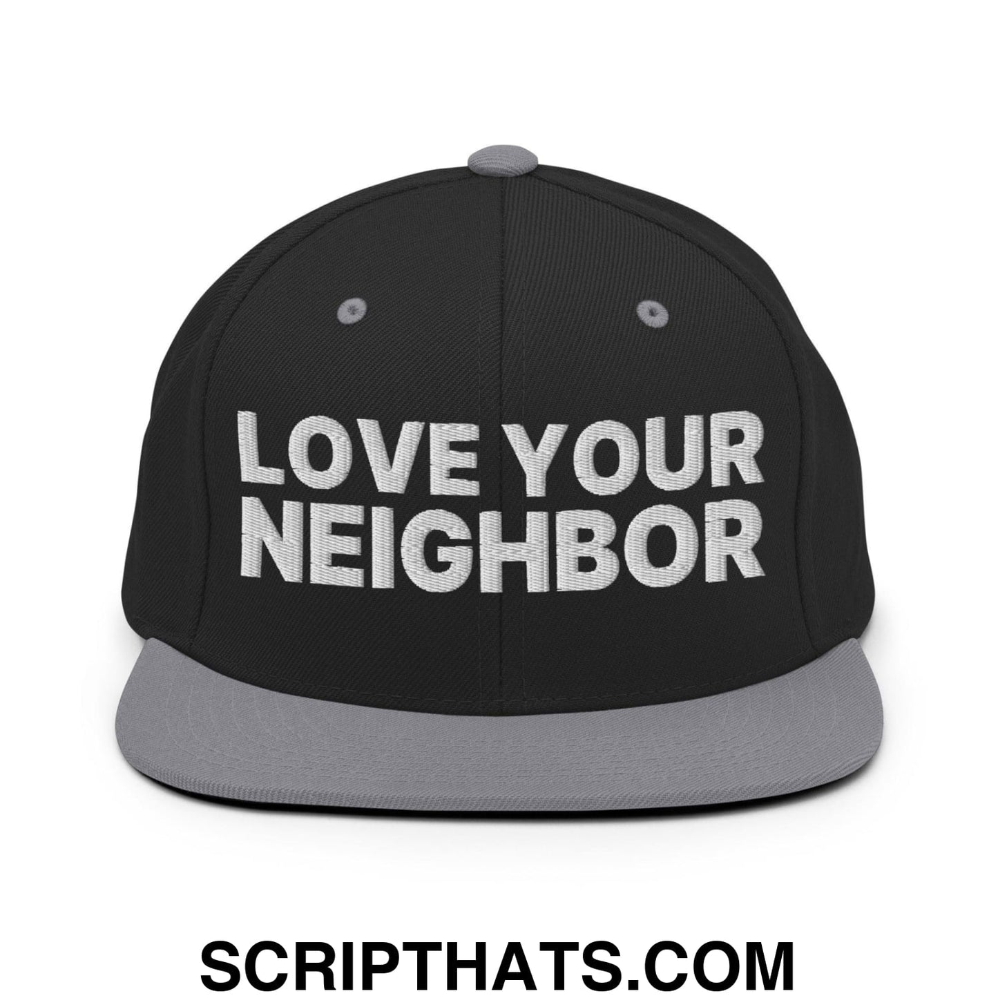 Love Your Neighbor Snapback Hat Black Silver