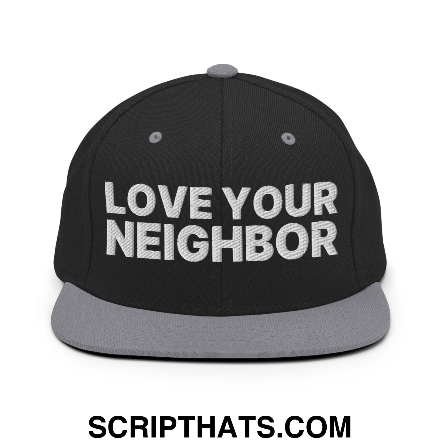 Love Your Neighbor Snapback Hat Black Silver