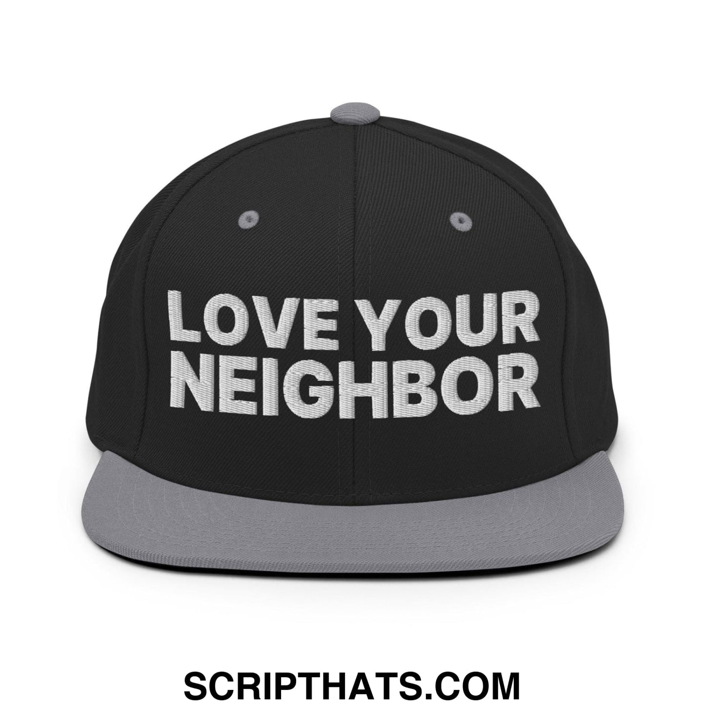 Love Your Neighbor Snapback Hat Black Silver