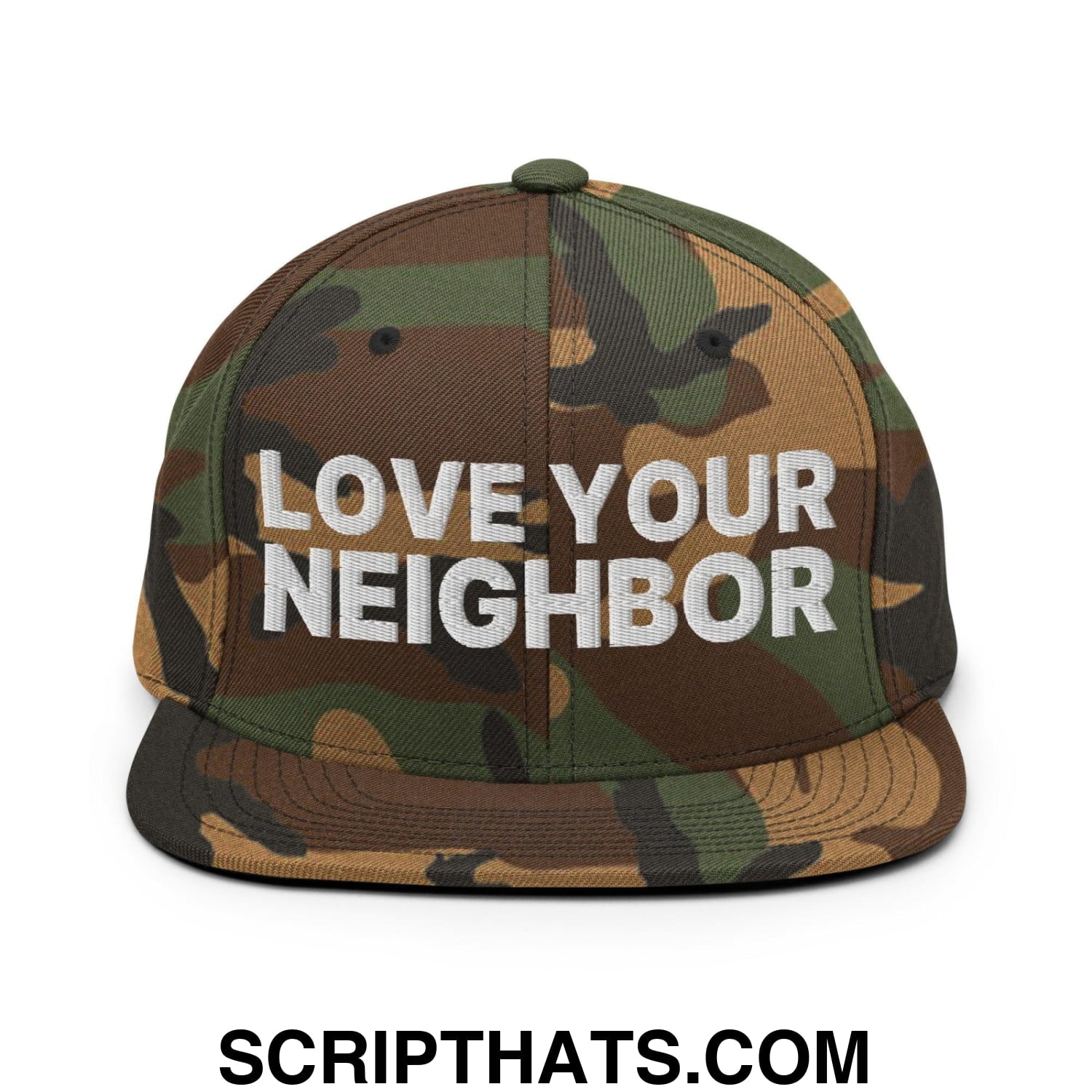 Love Your Neighbor Snapback Hat Green Camo