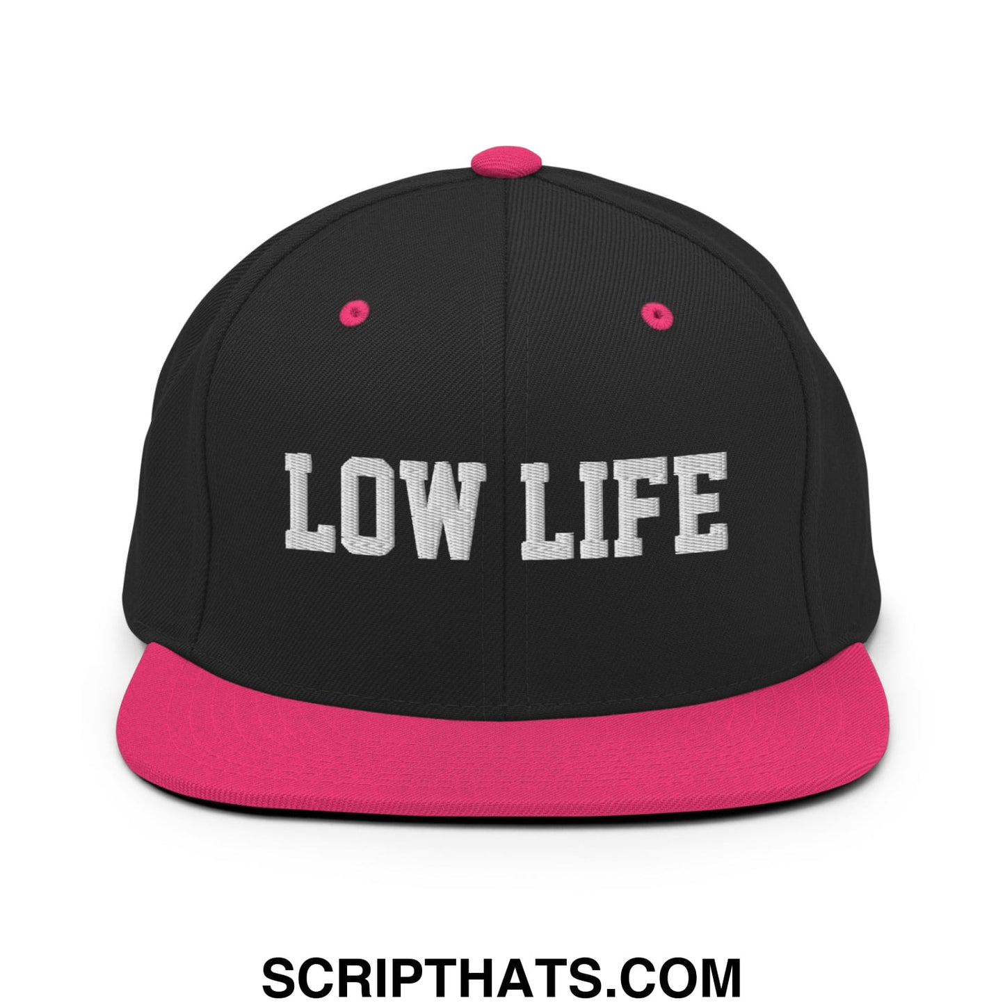 Low Life Embroidered Flat Bill Brim Snapback Hat Black Neon Pink